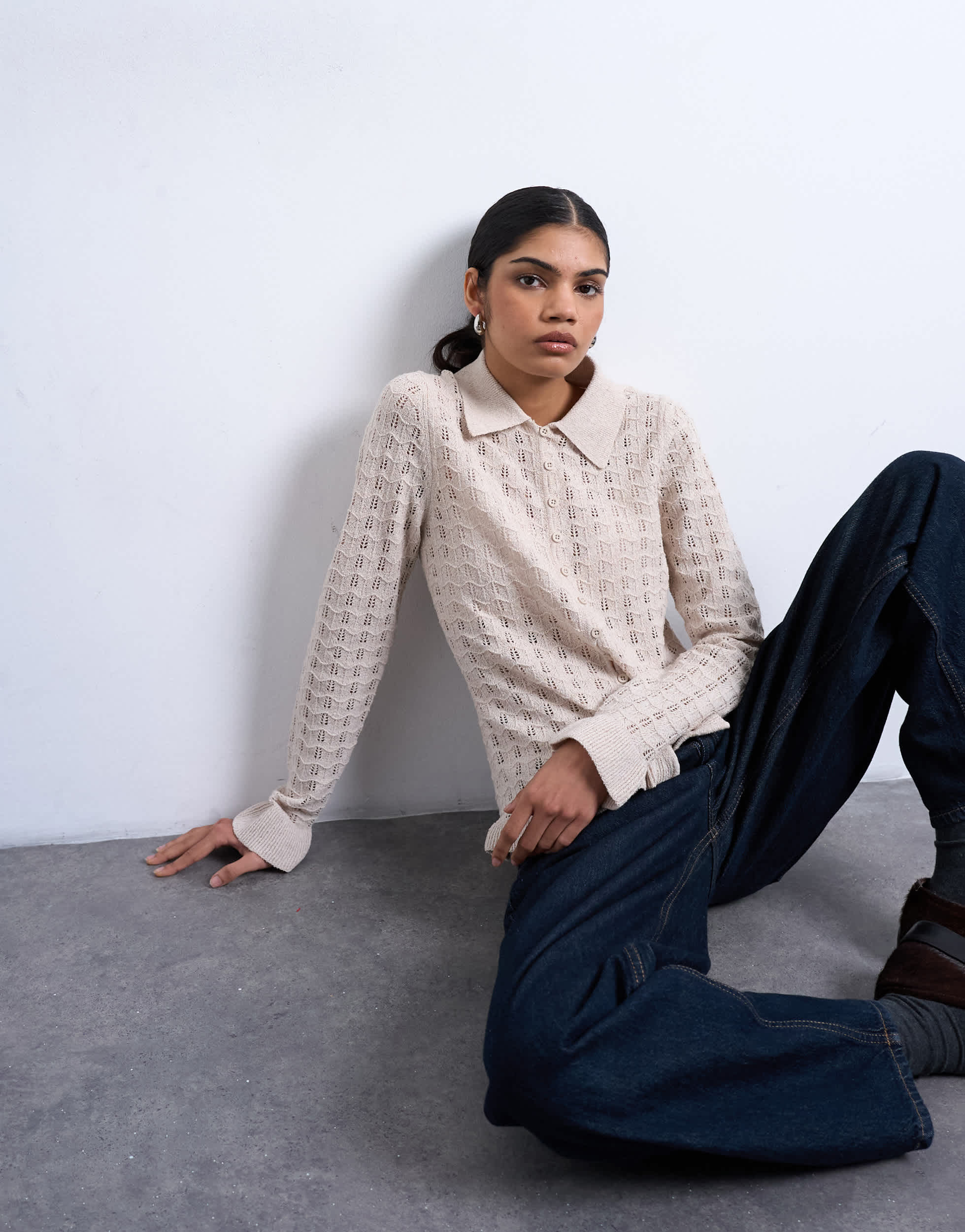 Topshop knitted button through frill top in oat