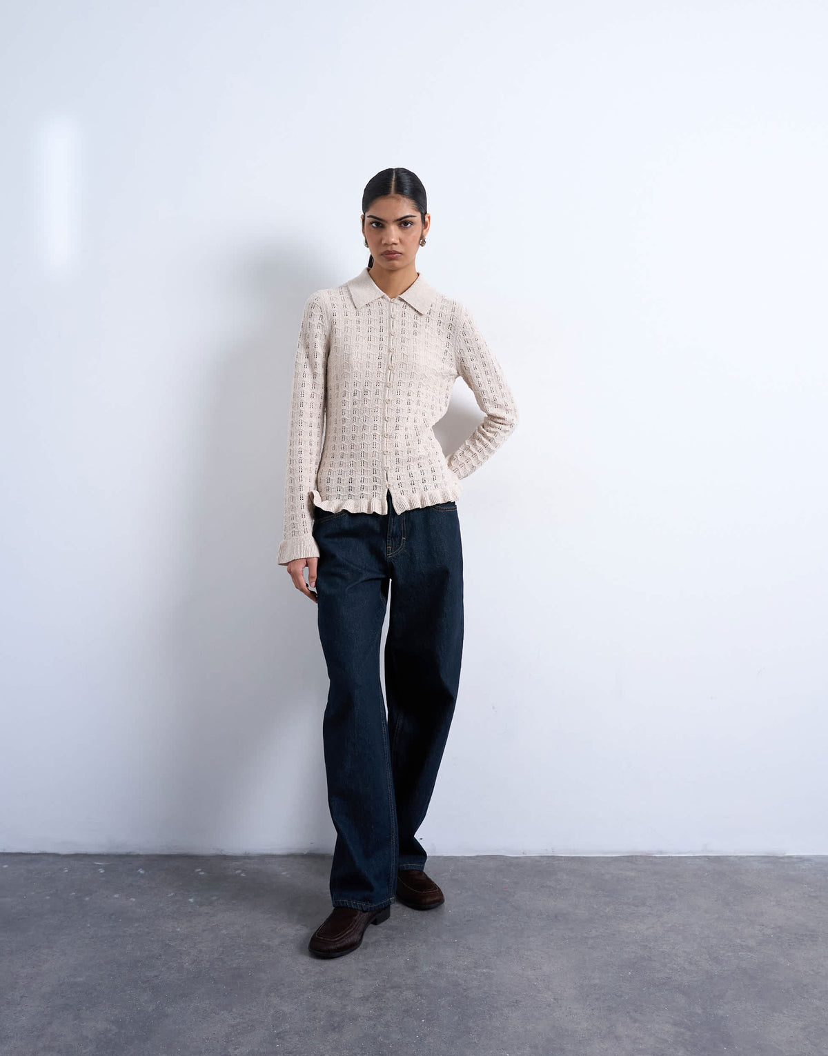 Topshop knitted button through frill top in oat