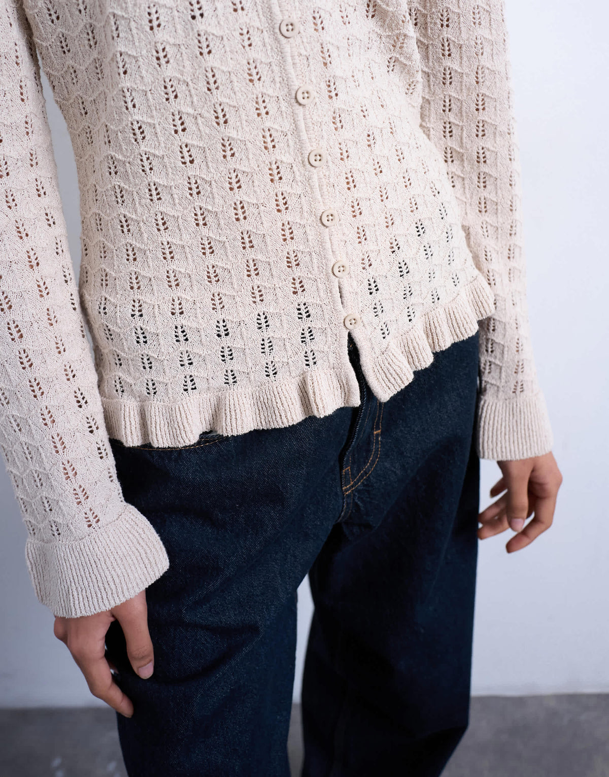 Topshop knitted button through frill top in oat