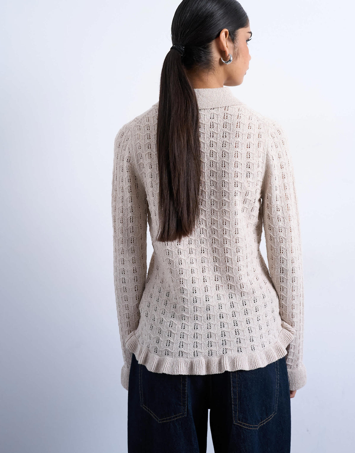 Topshop knitted button through frill top in oat