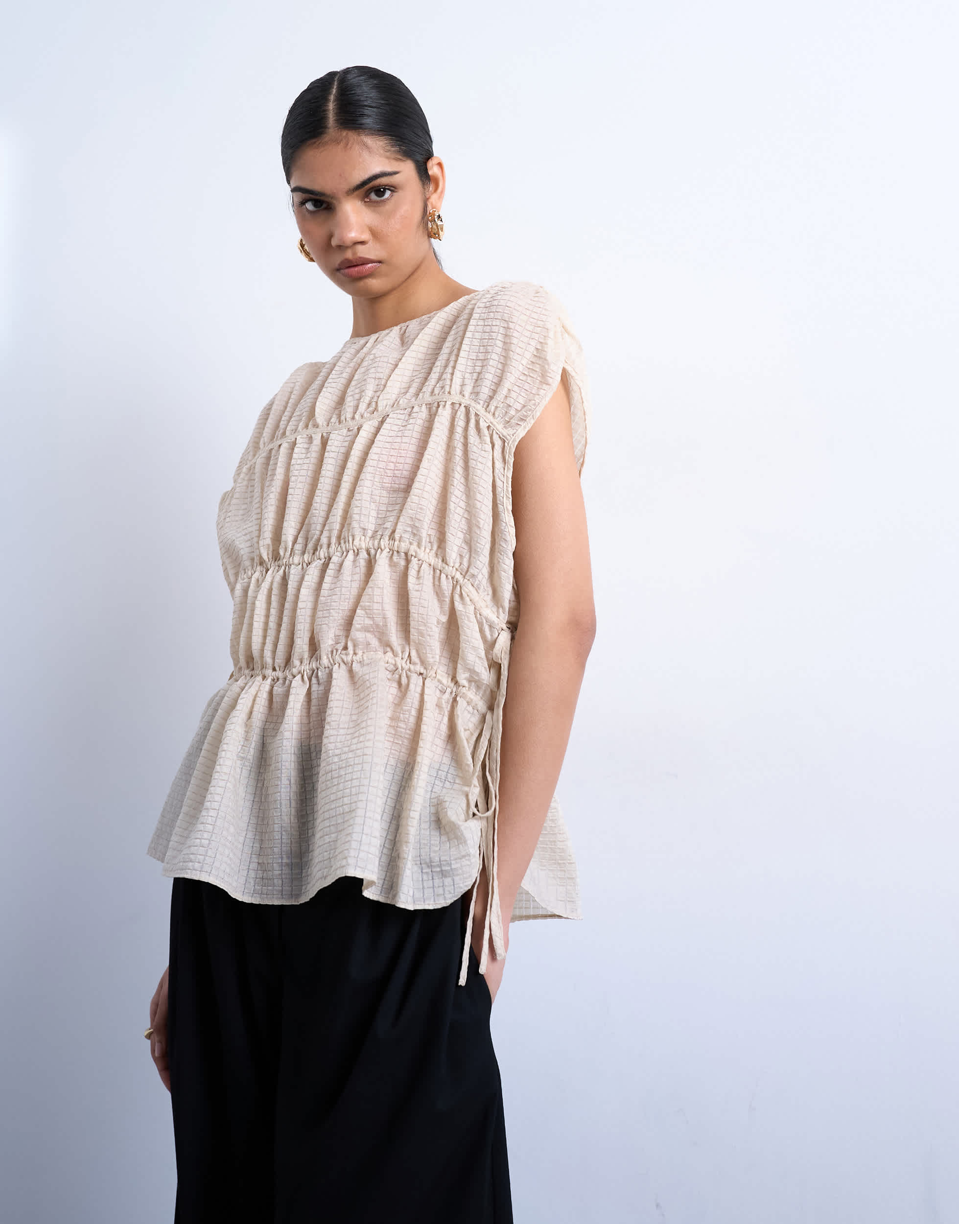 Topshop short sleeve channelled tie side top in ecru