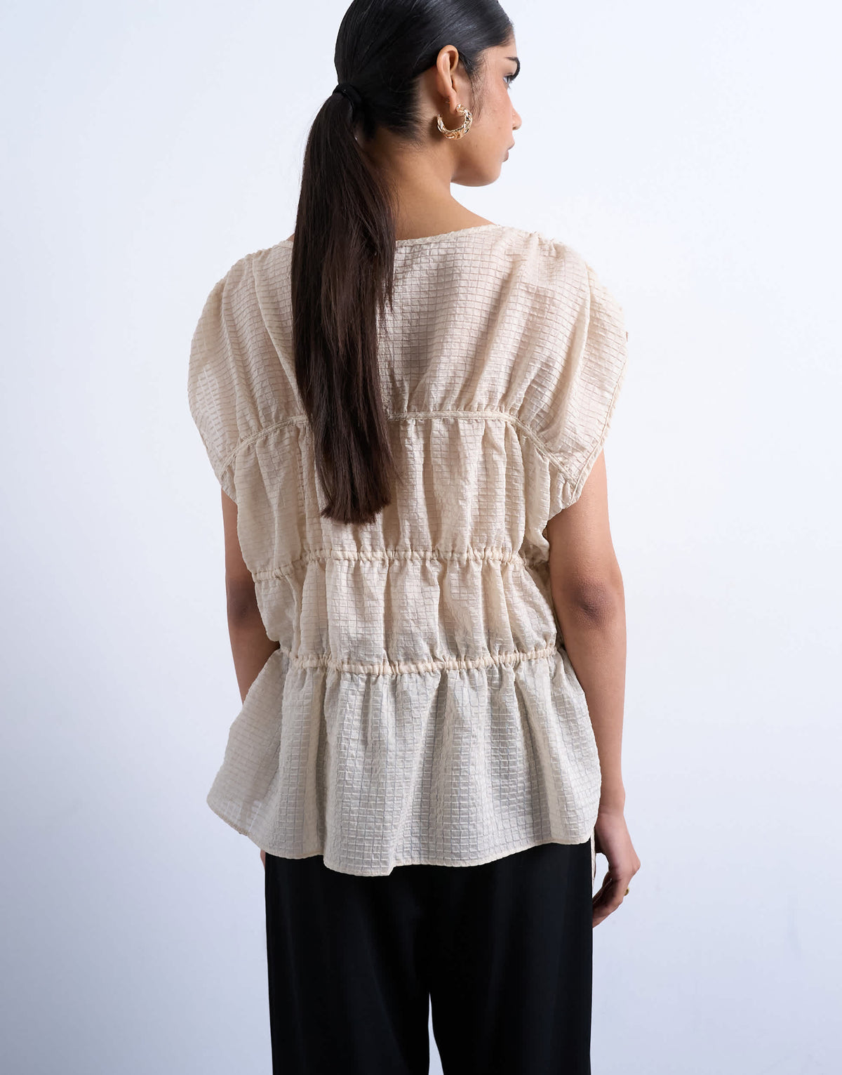 Topshop short sleeve channelled tie side top in ecru