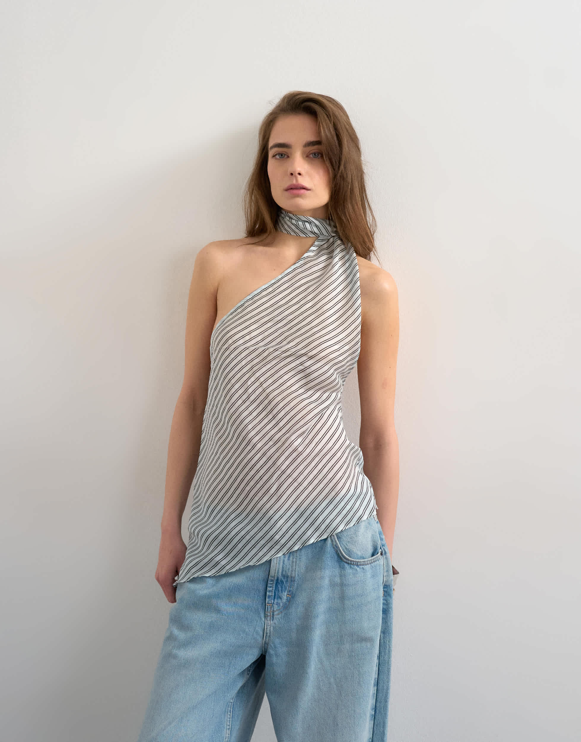 Topshop halter scarf detail top in blue stripe