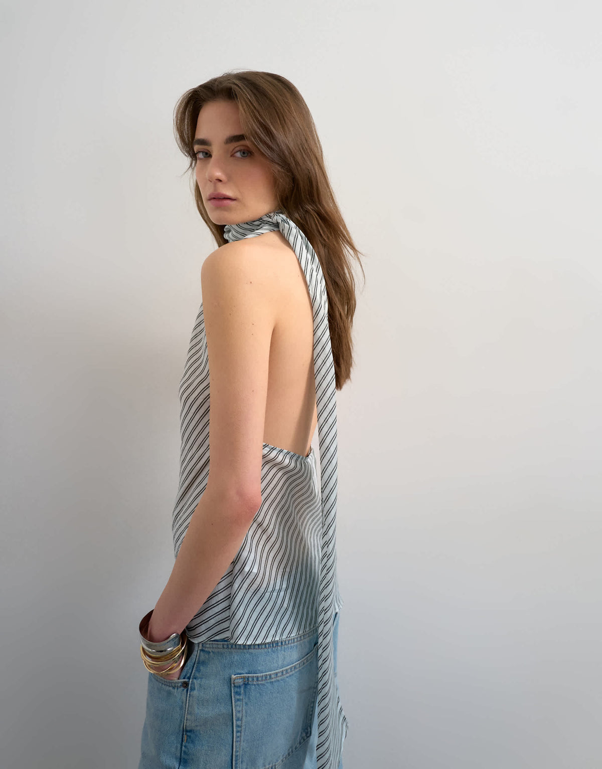 Topshop halter scarf detail top in blue stripe