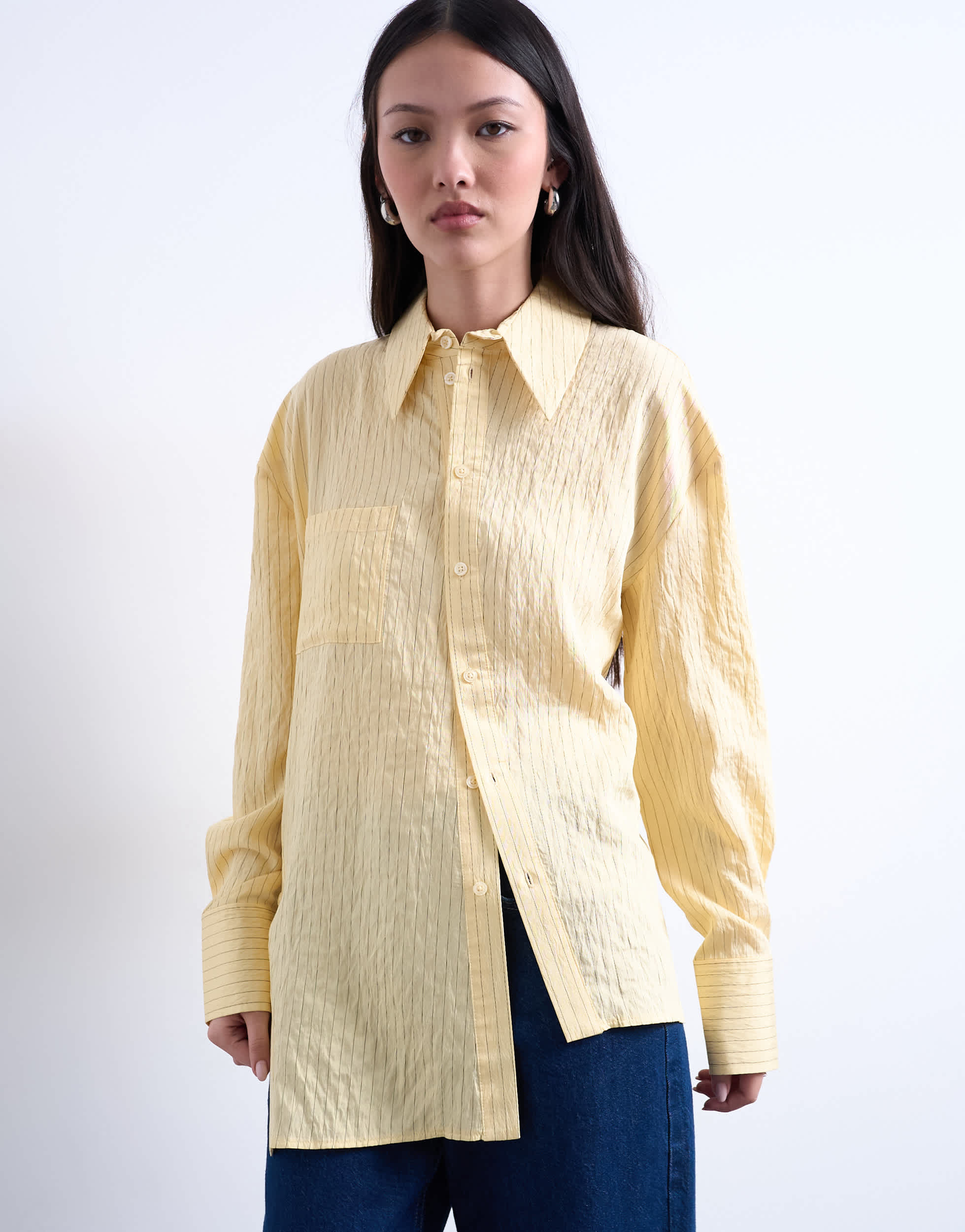 Topshop asymmetric placket shirt in yellow stripe