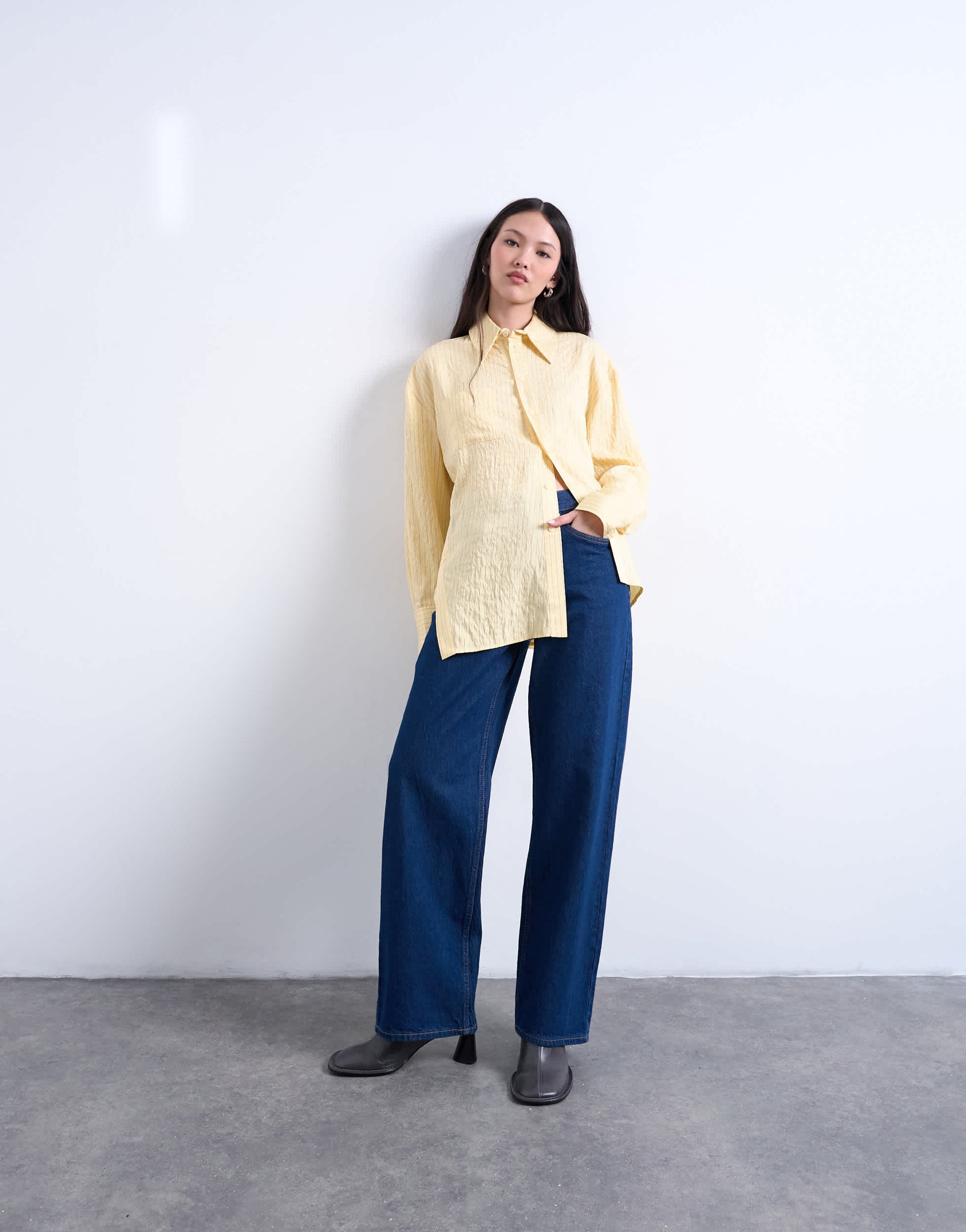 Topshop asymmetric placket shirt in yellow stripe