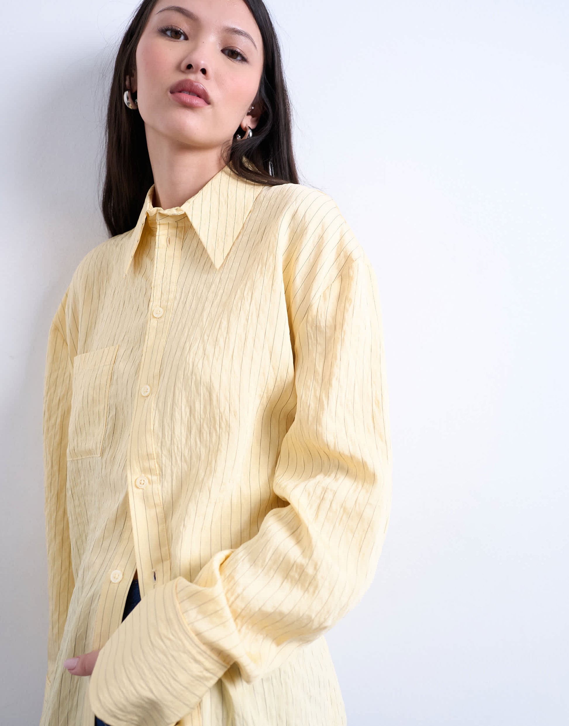 Topshop asymmetric placket shirt in yellow stripe
