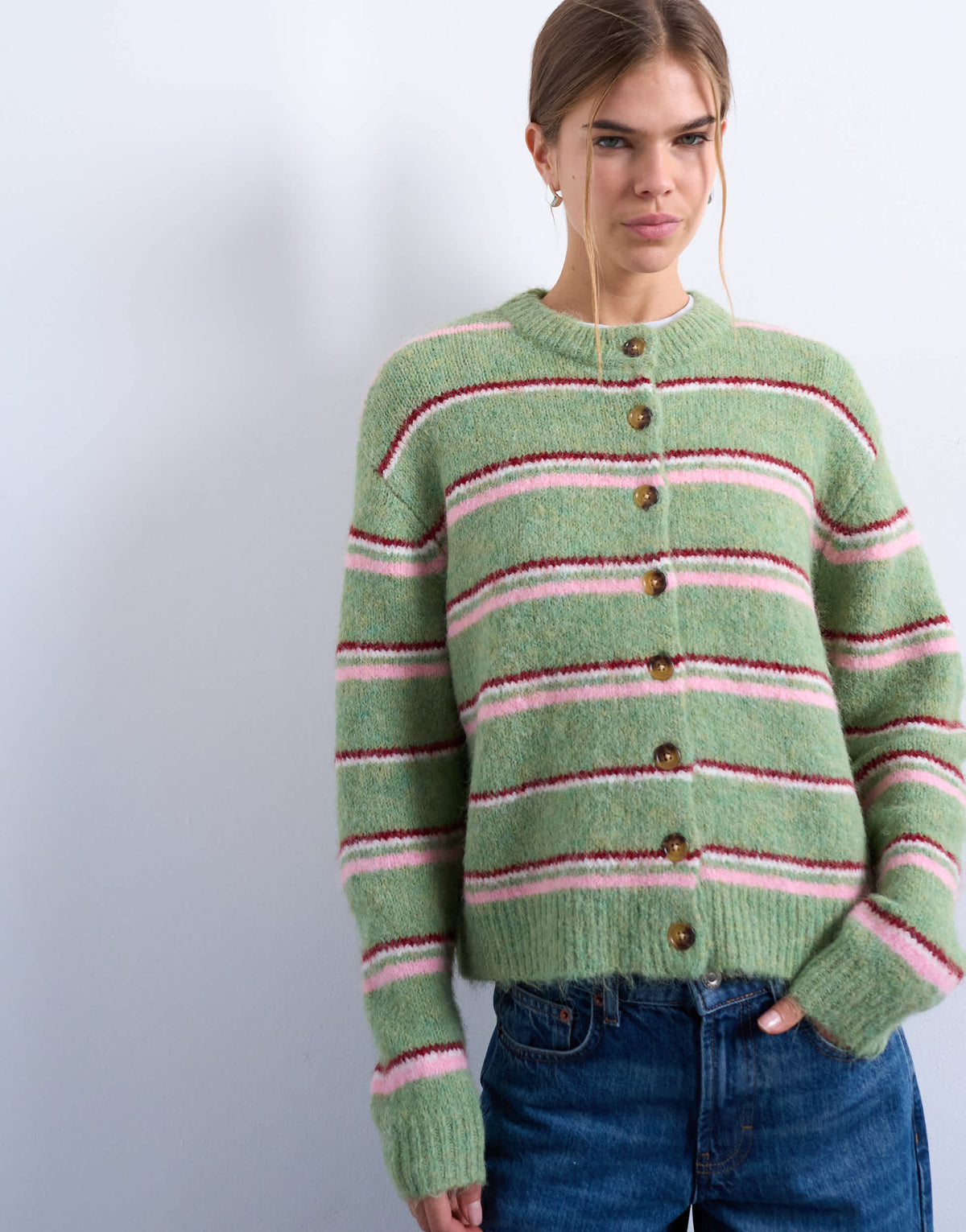 Topshop knitted multi stripe cardigan in green