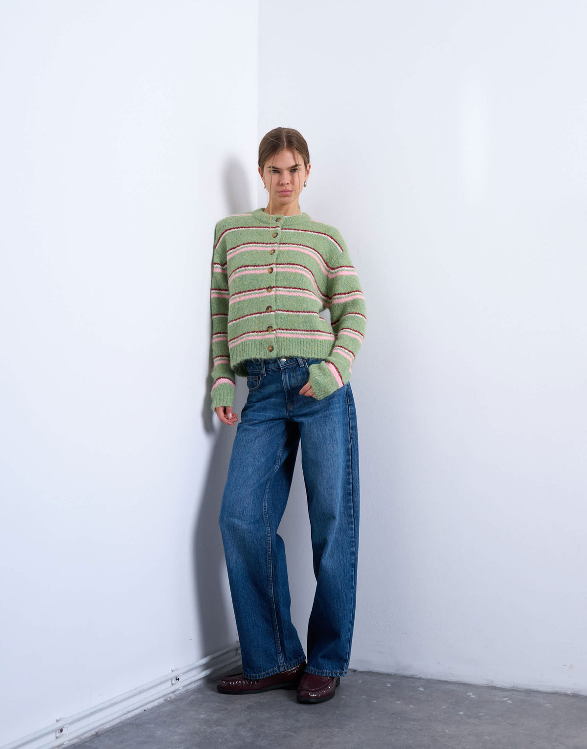 Topshop knitted multi stripe cardigan in green