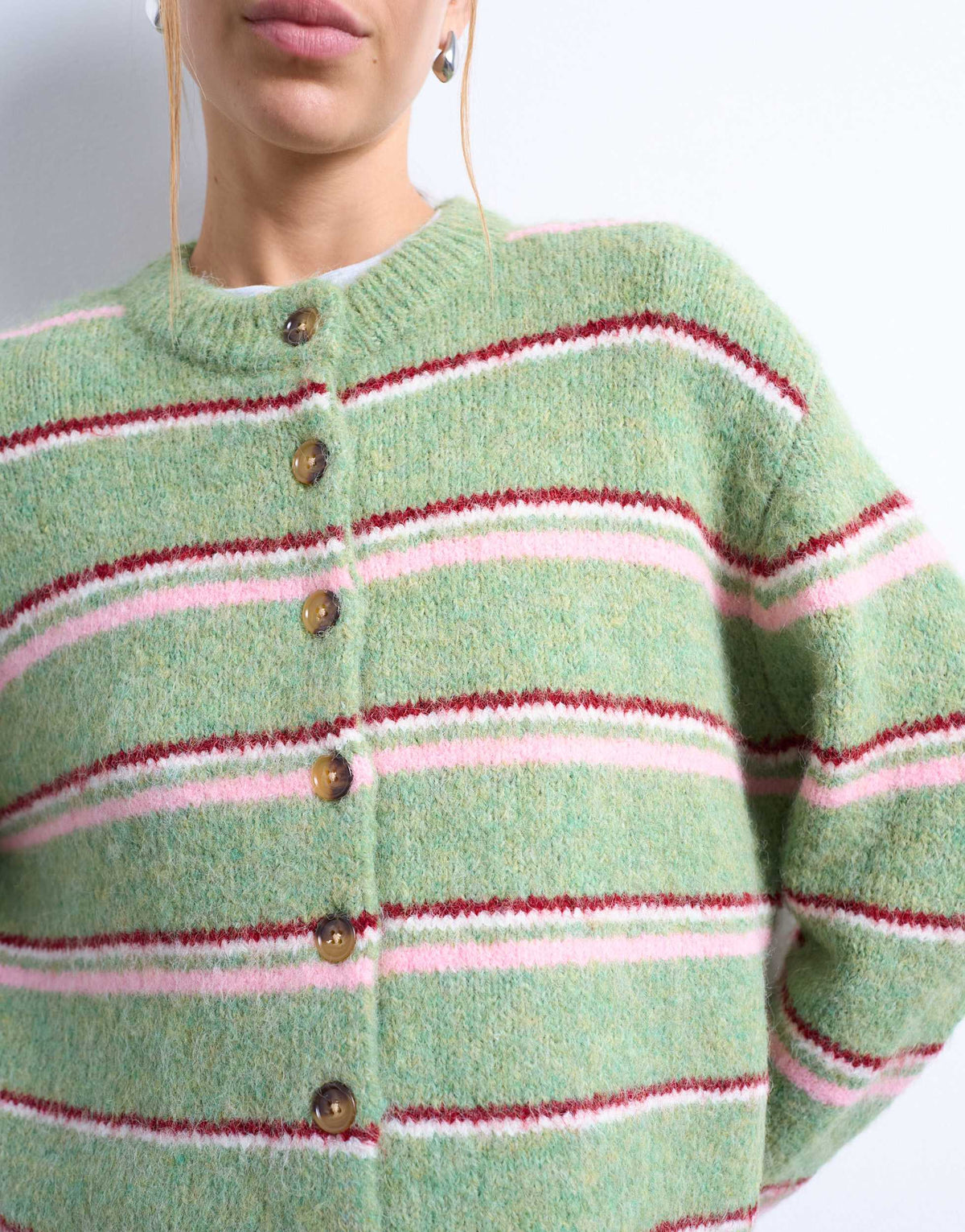 Topshop knitted multi stripe cardigan in green