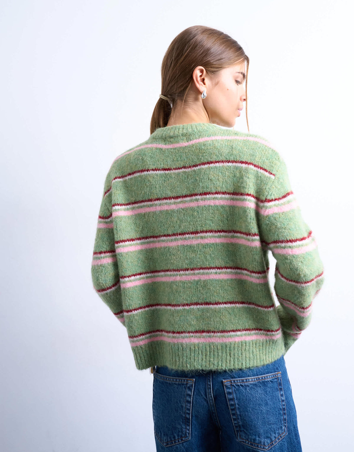 Topshop knitted multi stripe cardigan in green