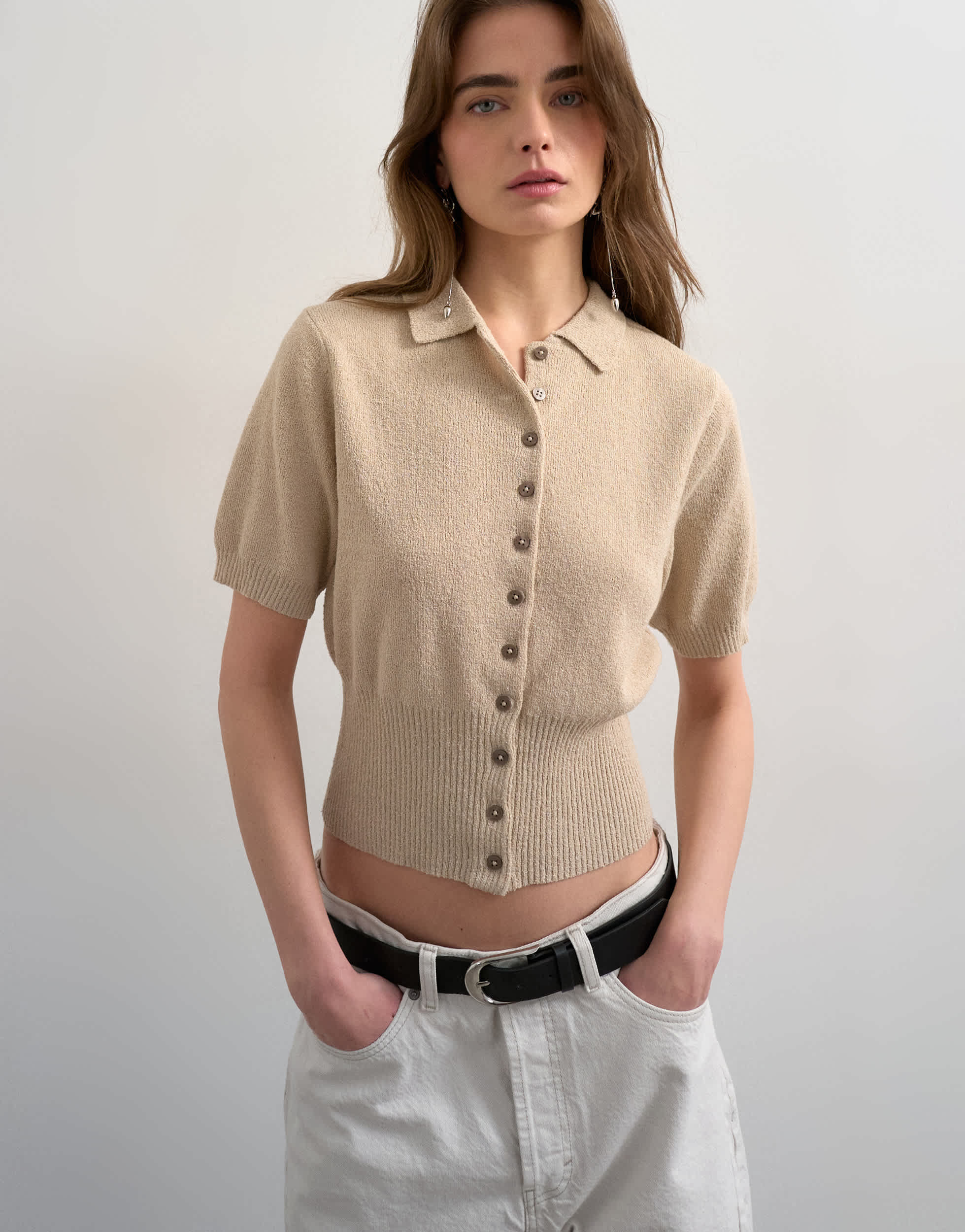 Topshop fine knitted towelling cinch waist polo in oat