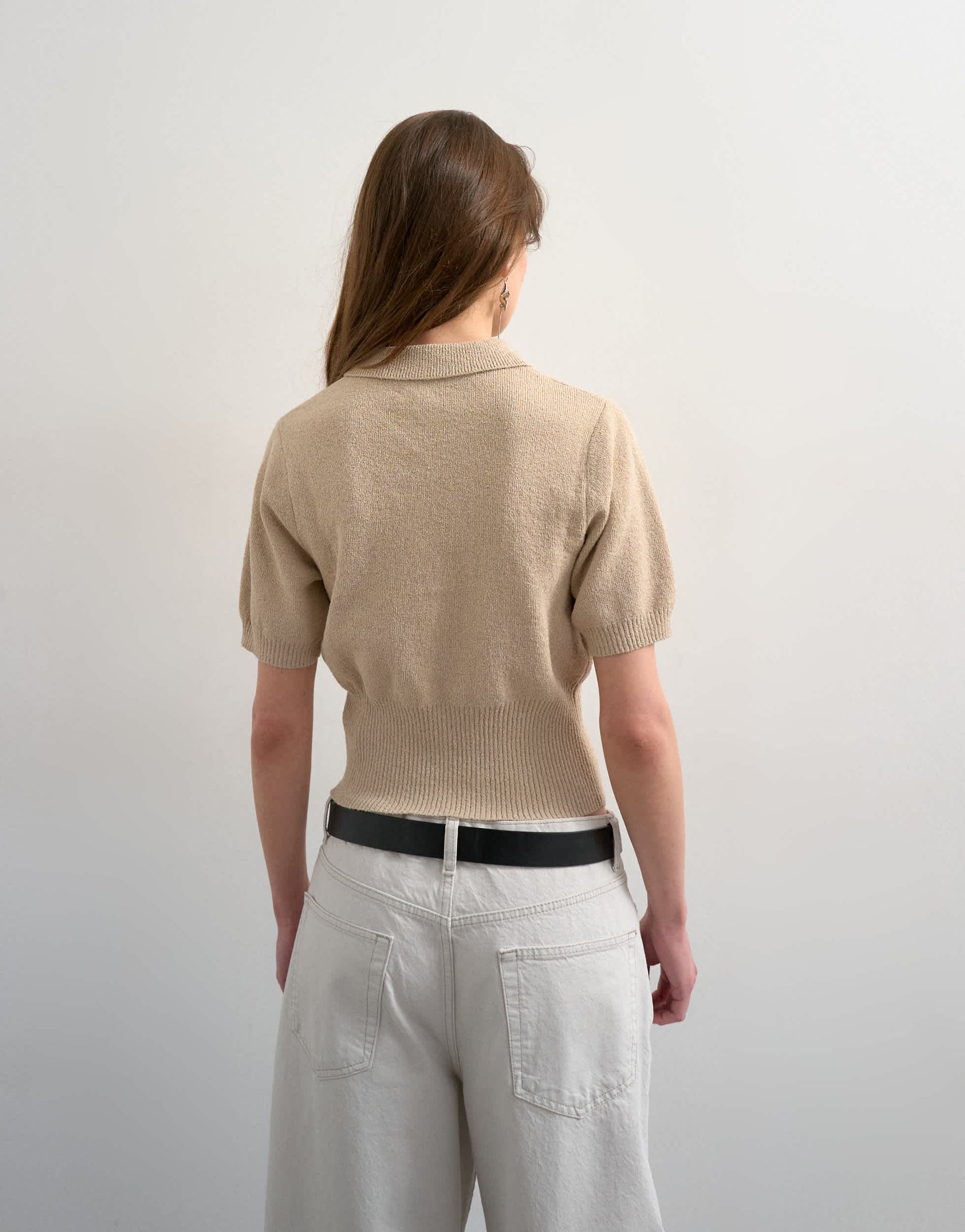 Topshop fine knitted towelling cinch waist polo in oat