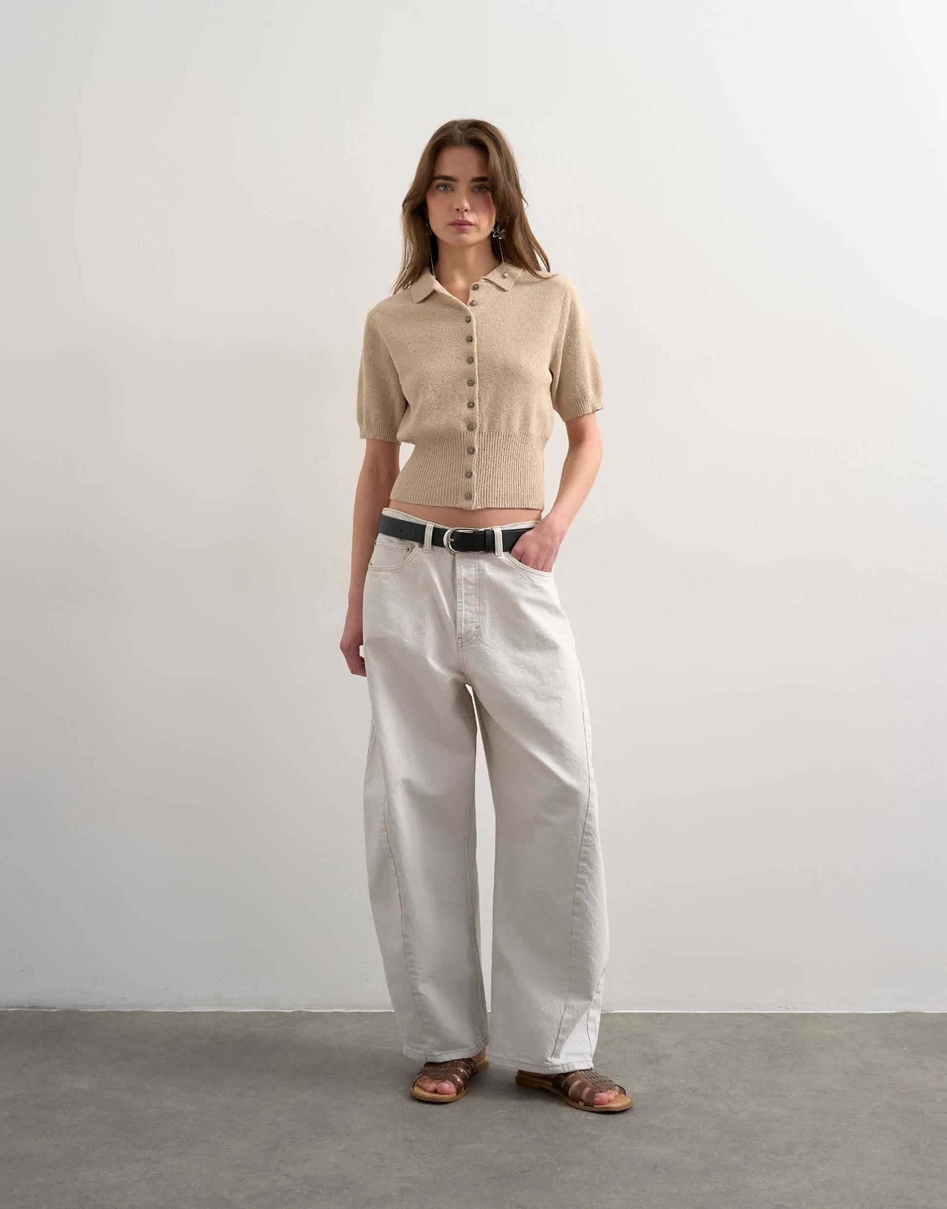 Topshop fine knitted towelling cinch waist polo in oat