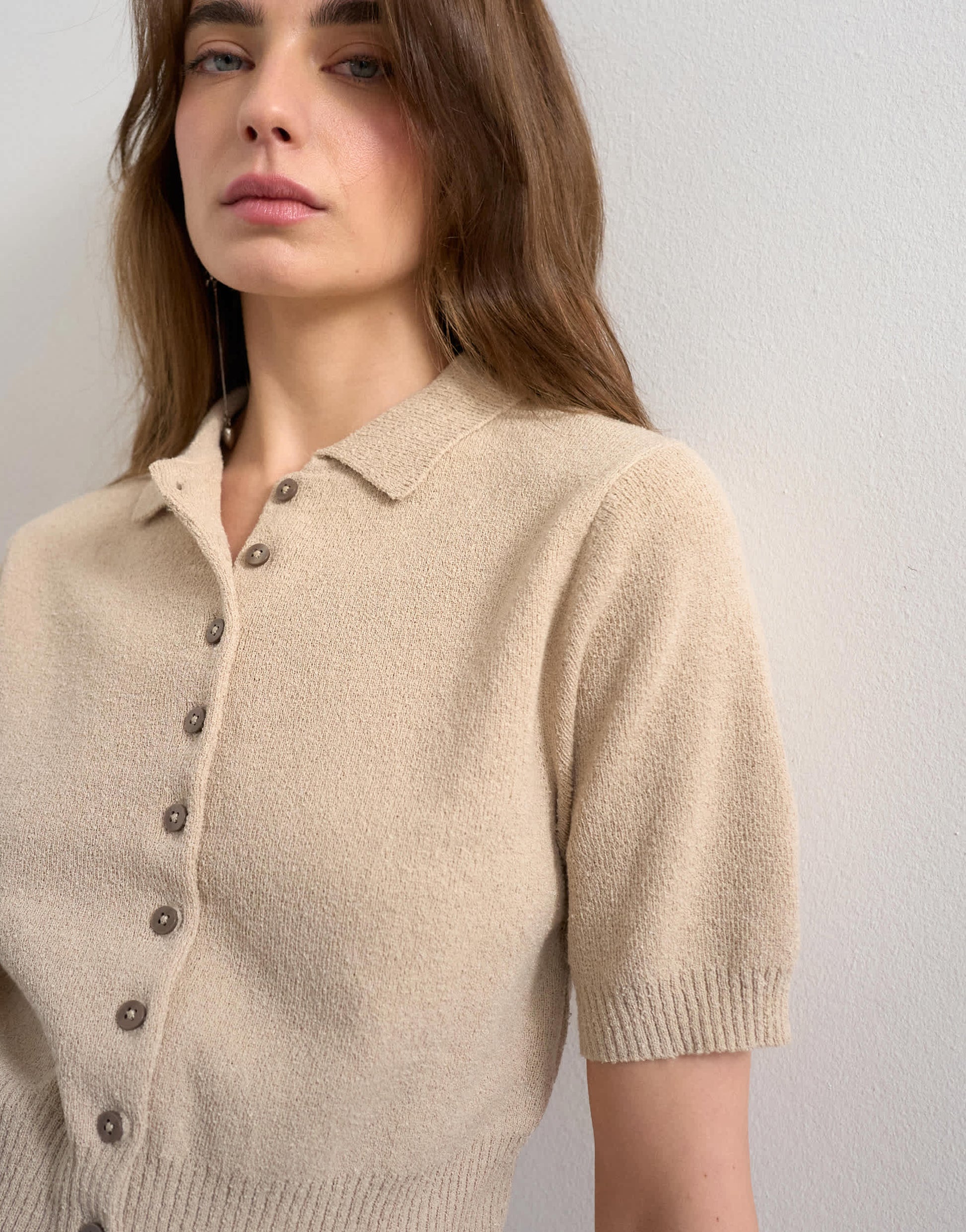 Topshop fine knitted towelling cinch waist polo in oat