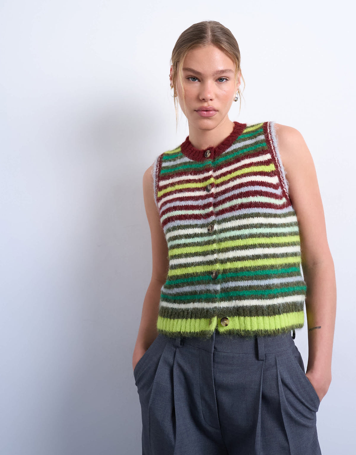 Topshop knitted multi stripe vest in green