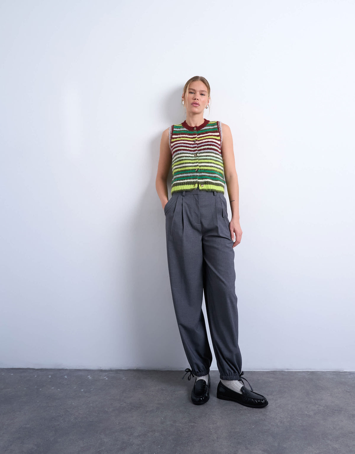 Topshop knitted multi stripe vest in green