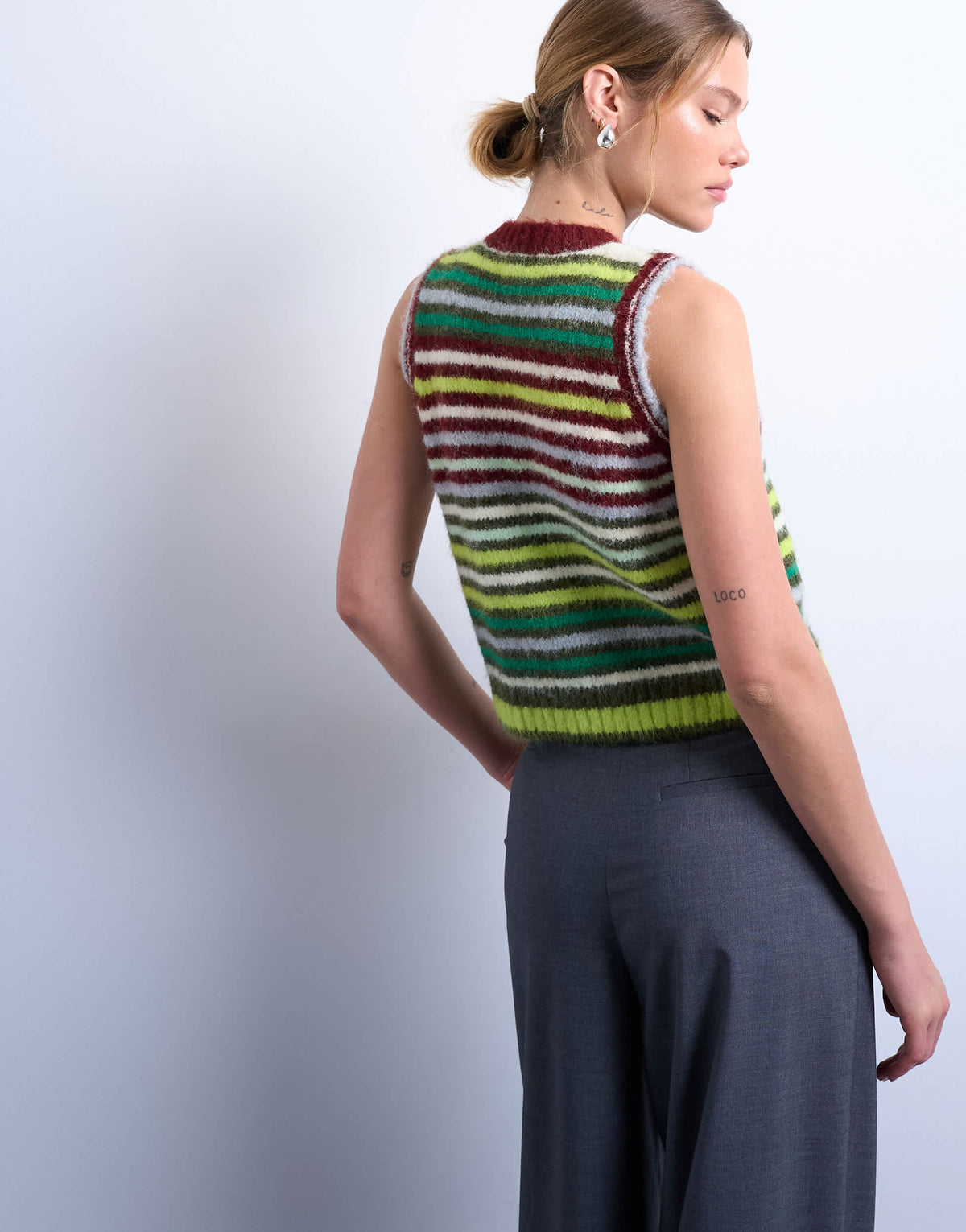 Topshop knitted multi stripe vest in green