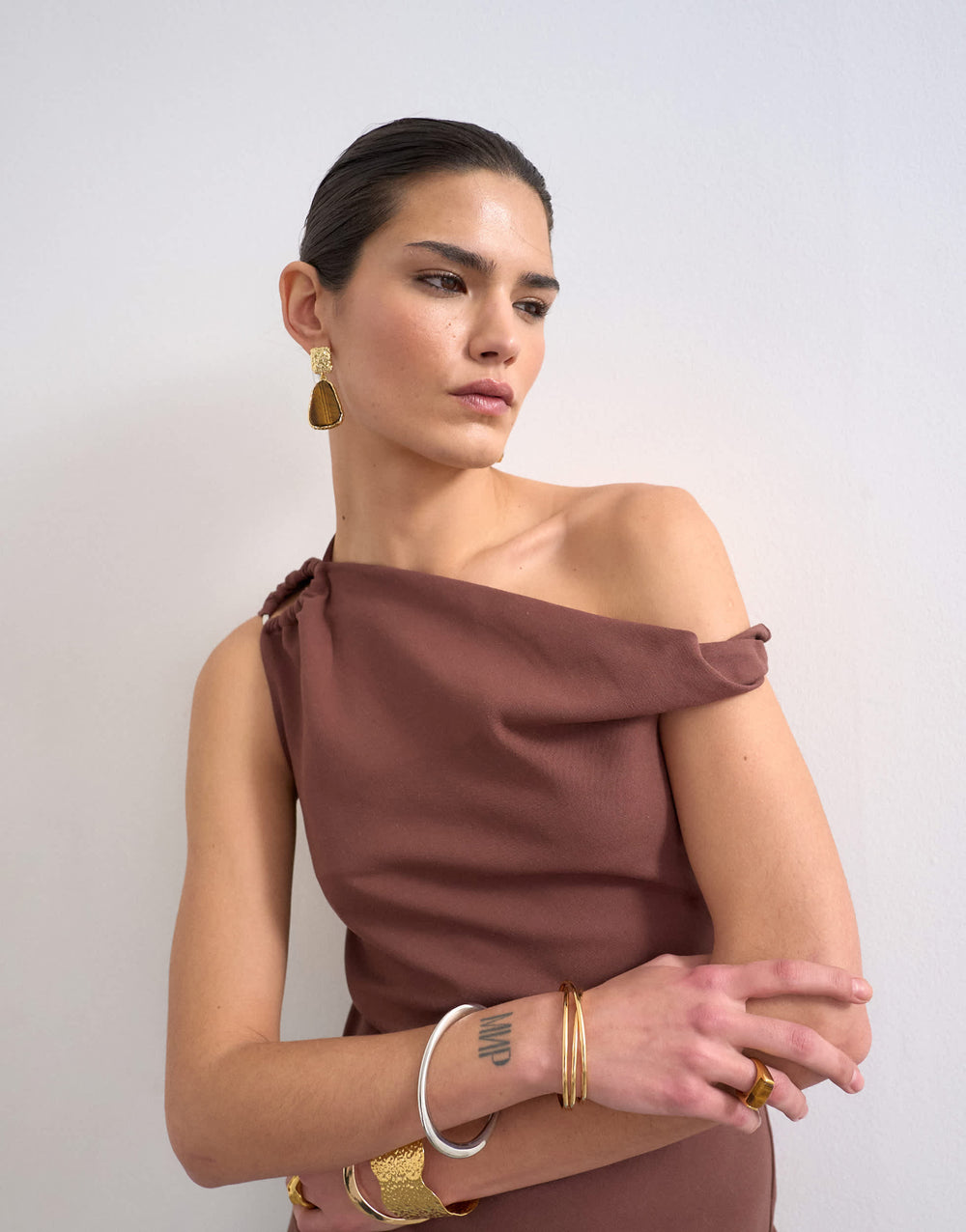 Topshop twist shoulder linen asymmetric top in chocolate