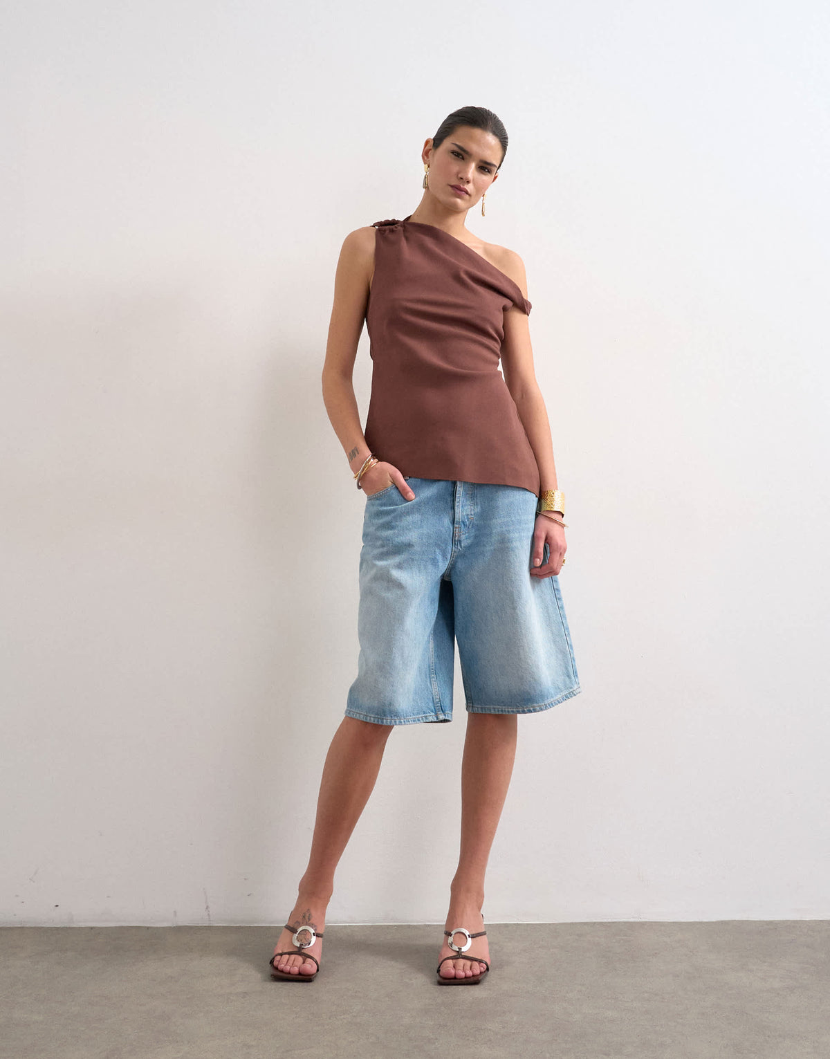 Topshop twist shoulder linen asymmetric top in chocolate
