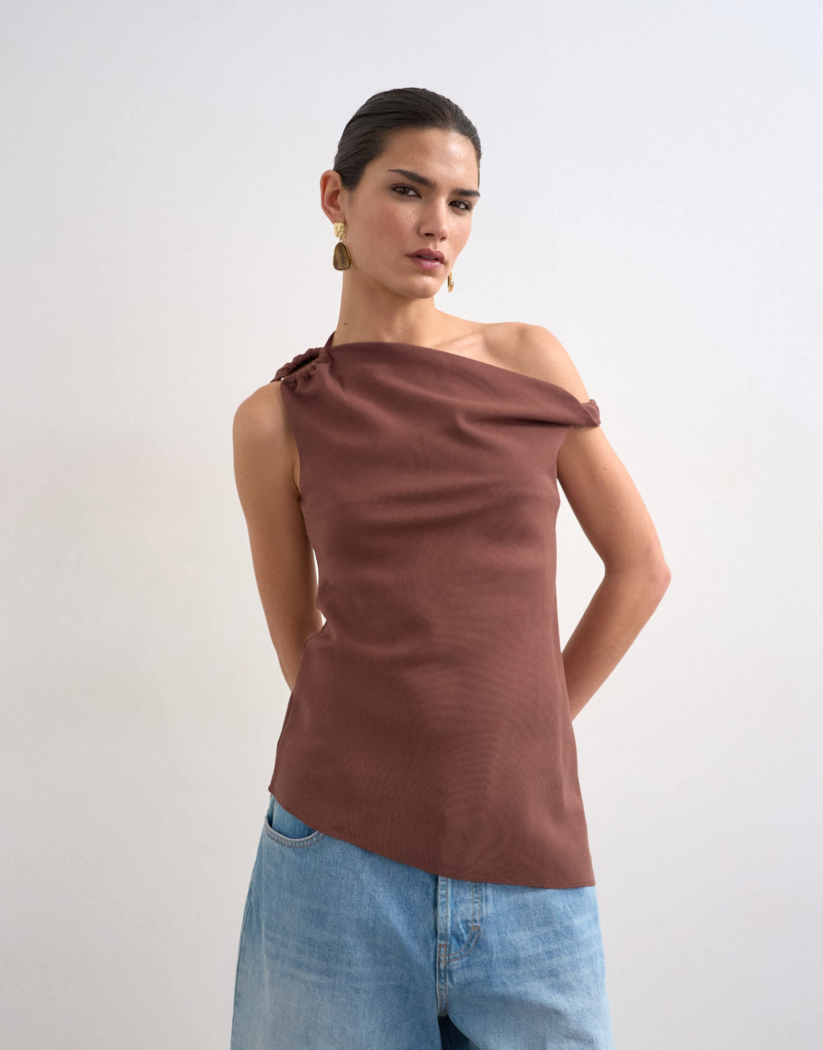 Topshop twist shoulder linen asymmetric top in chocolate