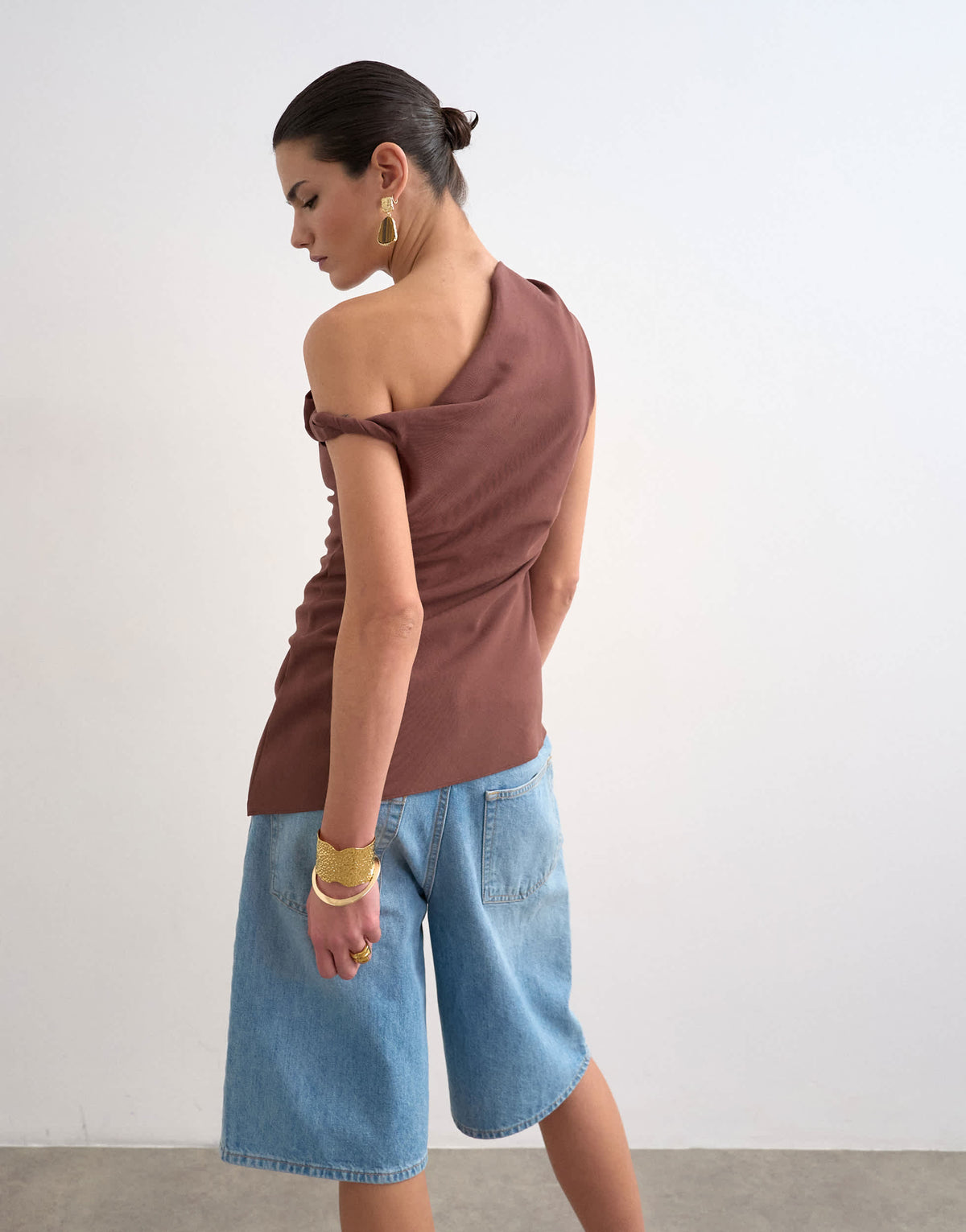 Topshop twist shoulder linen asymmetric top in chocolate