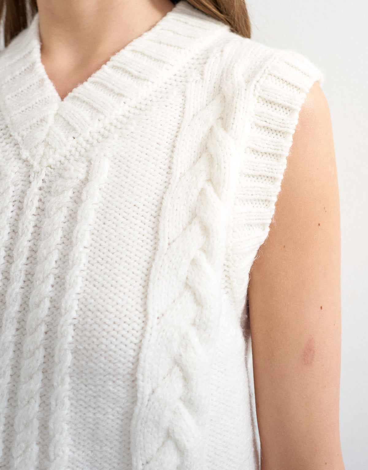 Topshop knitted cable v neck vest in ivory