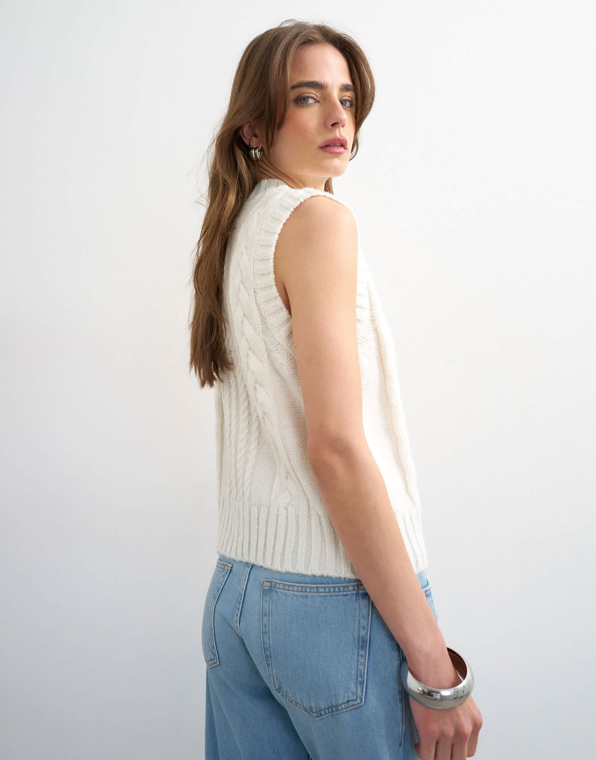 Topshop knitted cable v neck vest in ivory