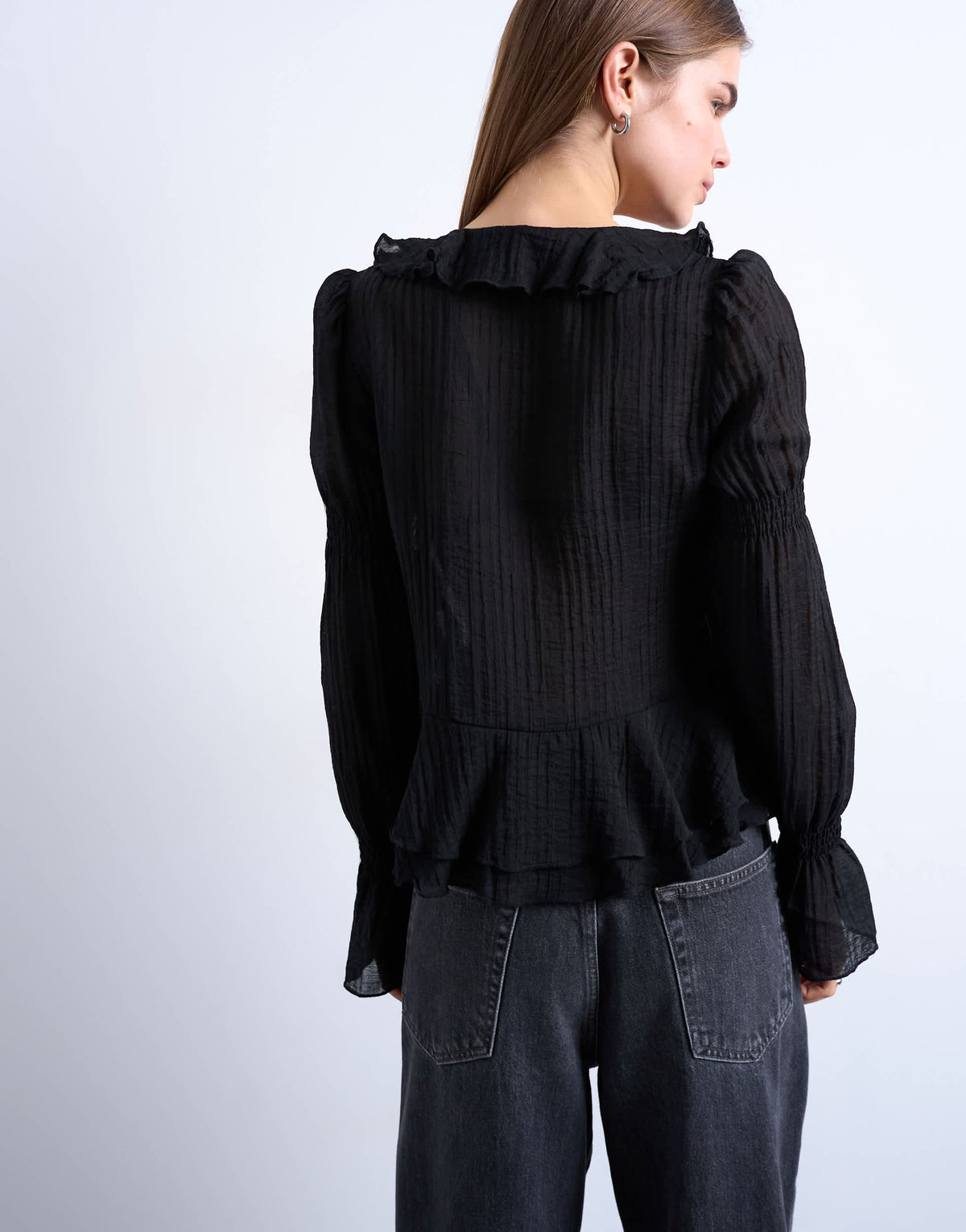 Topshop ruffle tie front long sleeve top in black