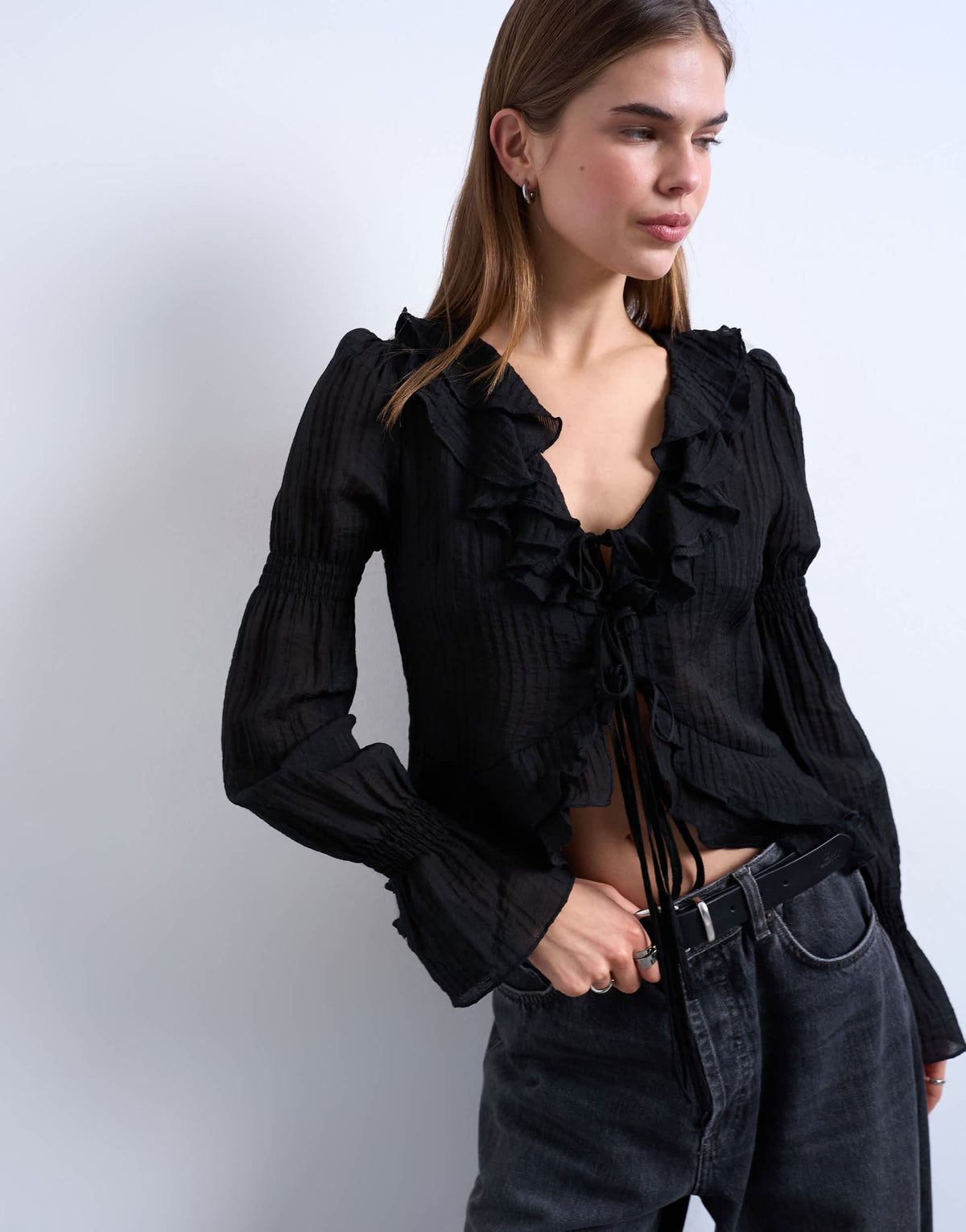 Topshop ruffle tie front long sleeve top in black