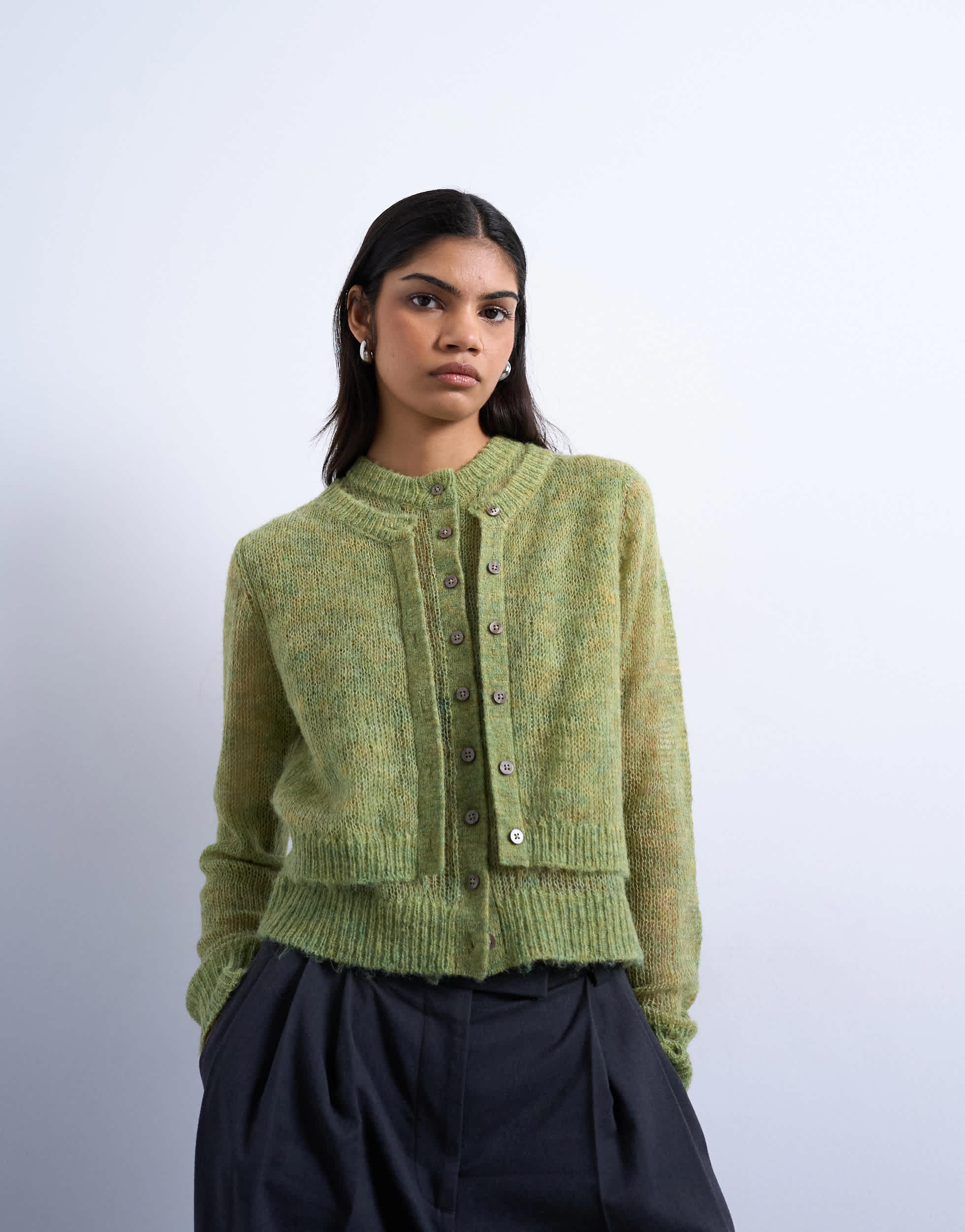 Topshop knitted wool double layer cardigan in green