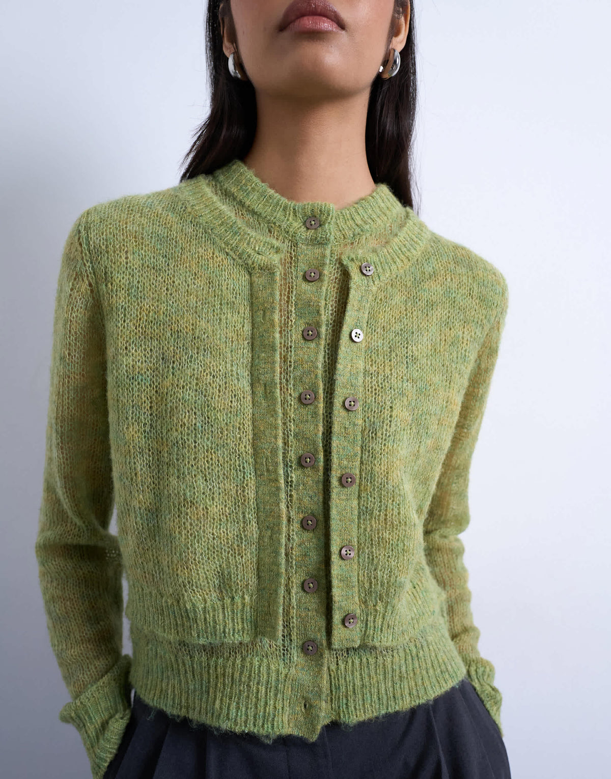 Topshop knitted wool double layer cardigan in green