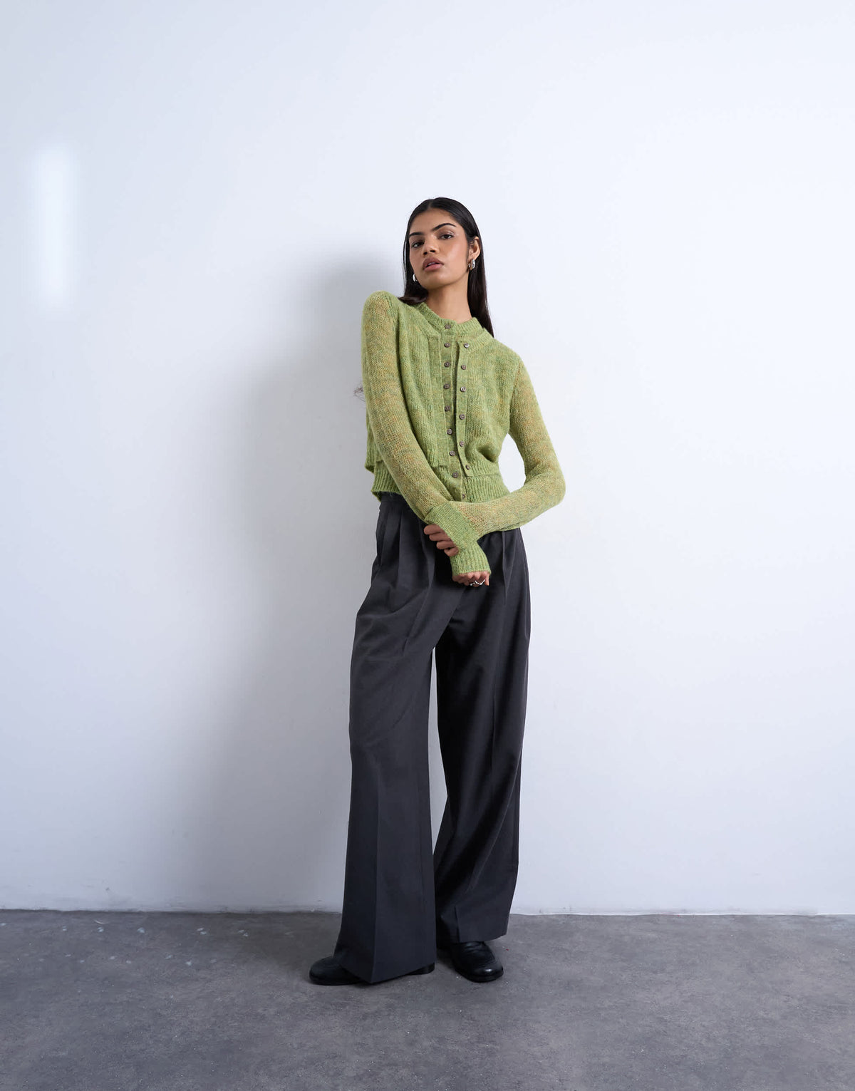 Topshop knitted wool double layer cardigan in green