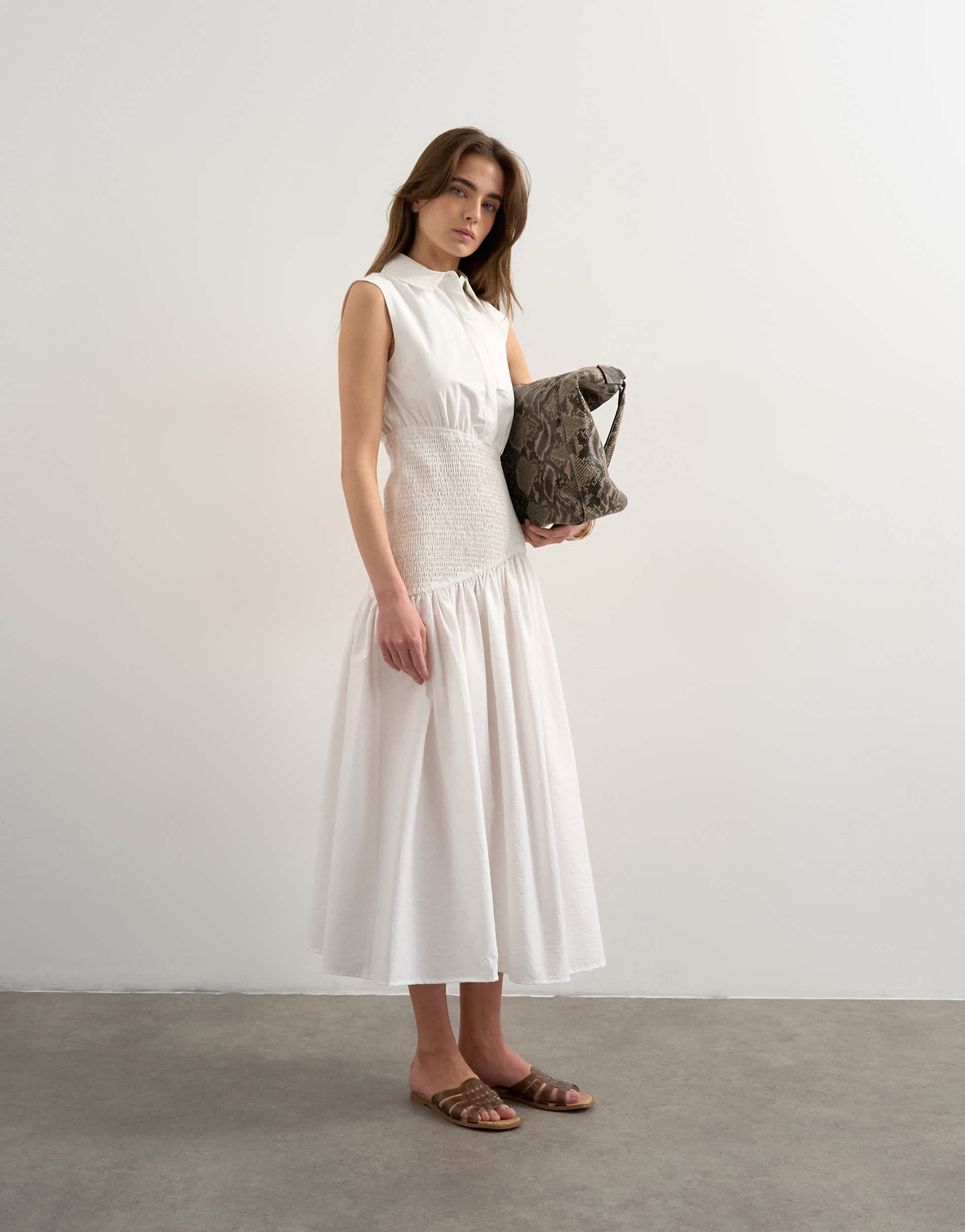 Topshop dropped waist sleeveless shirt dress in white