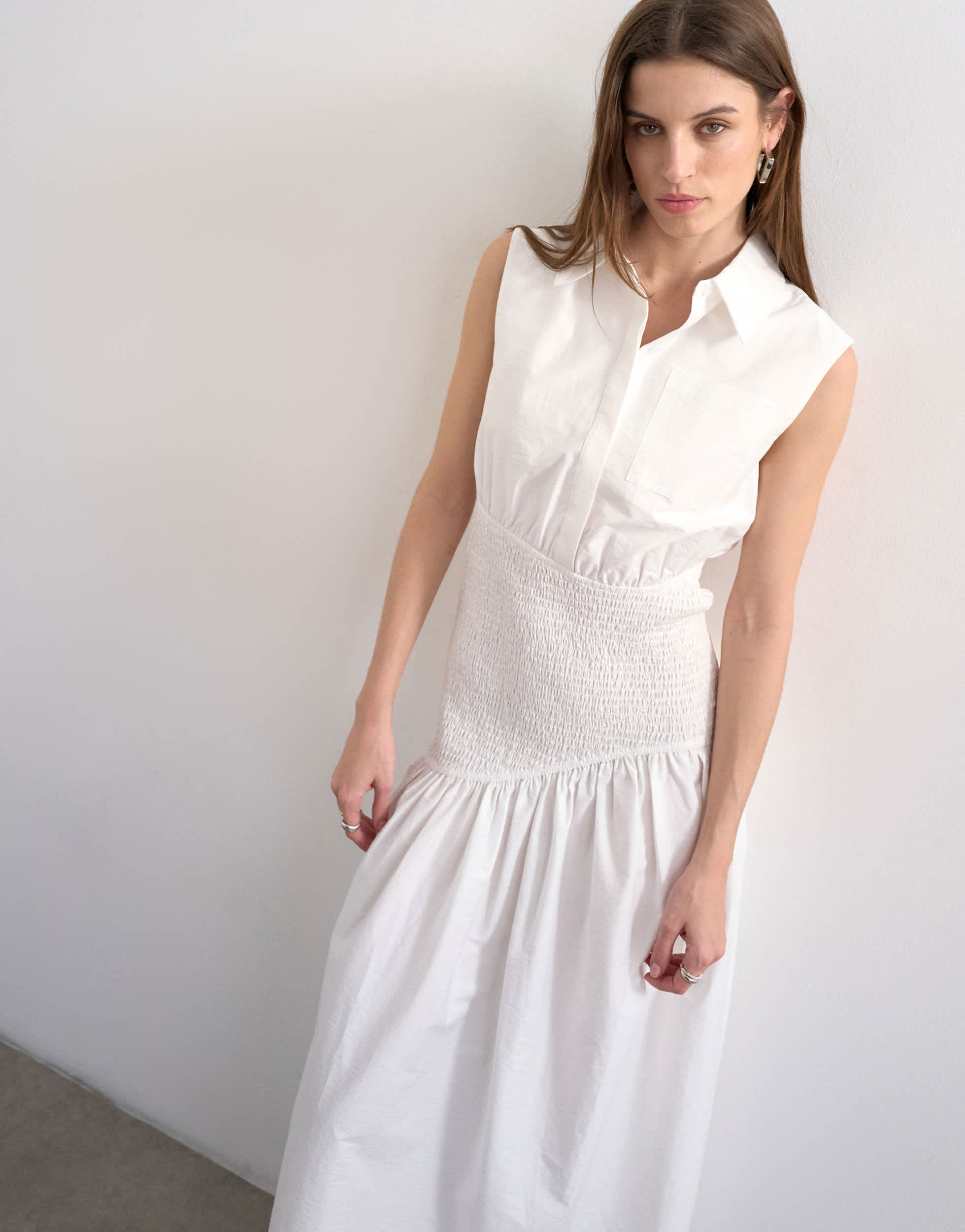Topshop dropped waist sleeveless shirt dress in white
