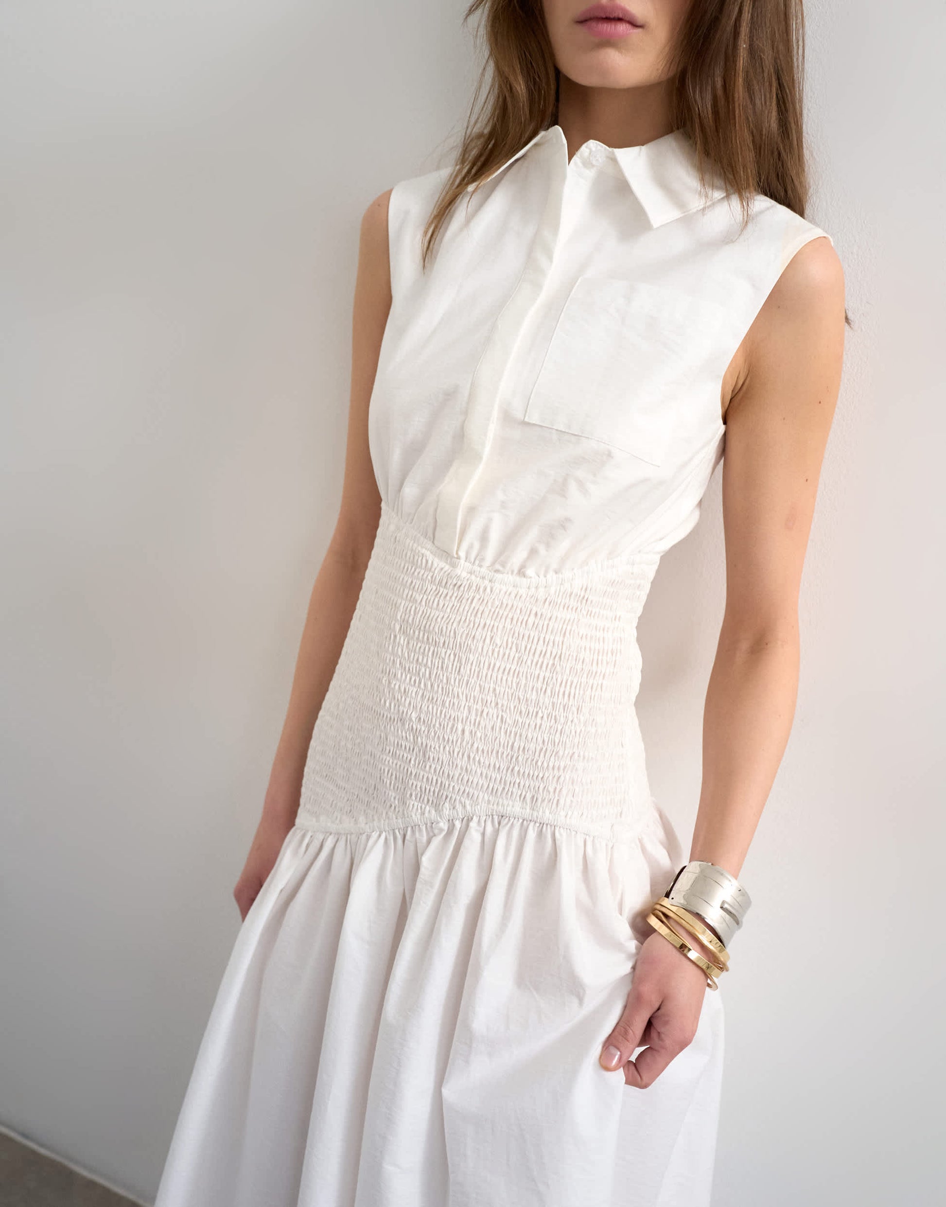 Topshop dropped waist sleeveless shirt dress in white