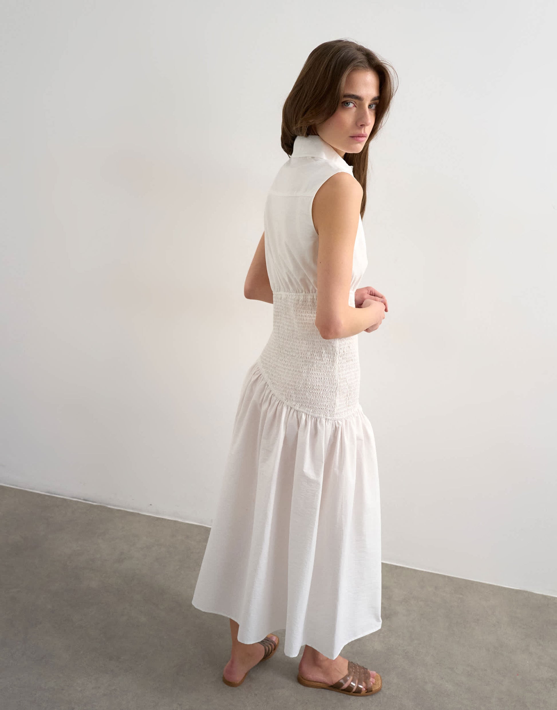 Topshop dropped waist sleeveless shirt dress in white