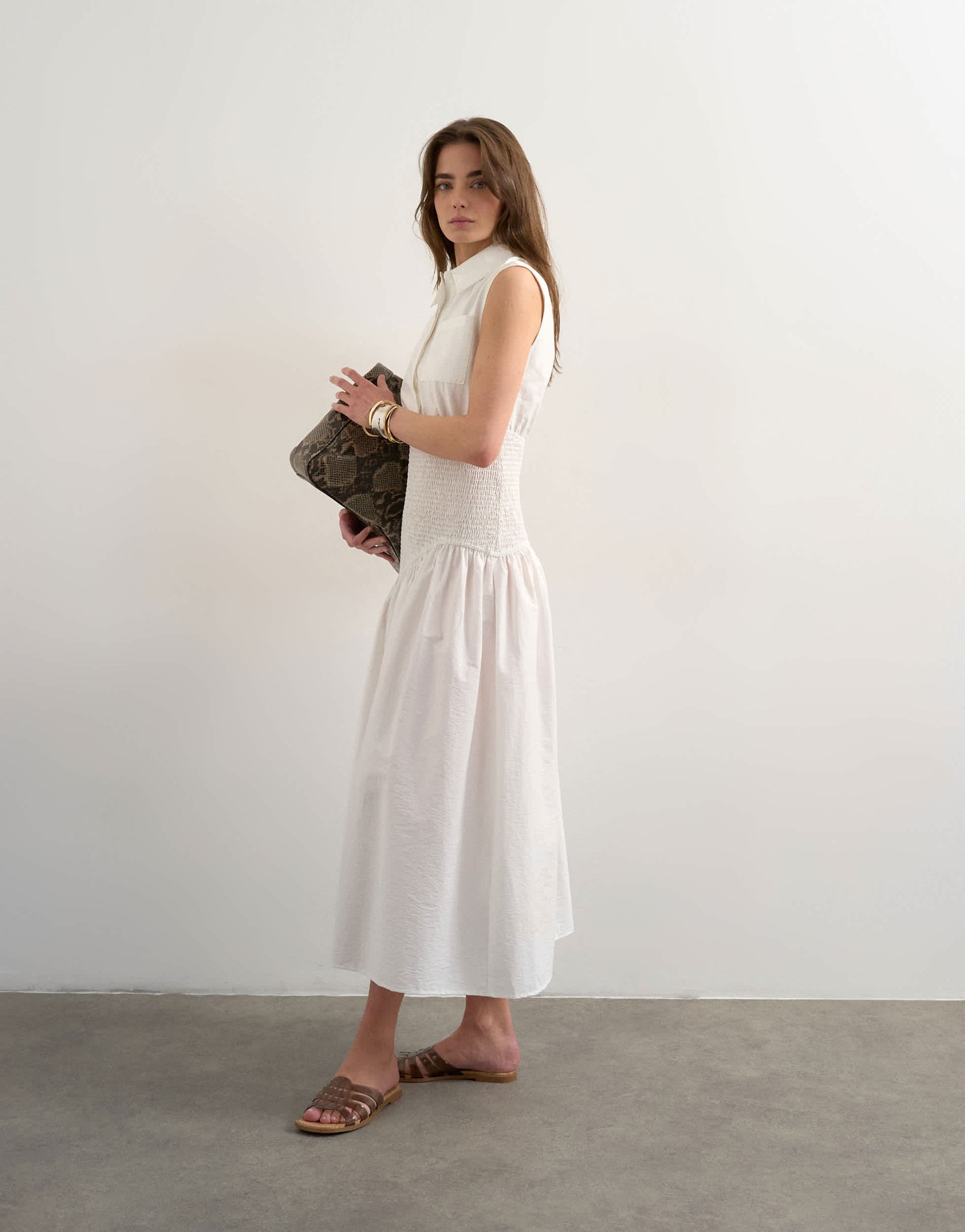 Topshop dropped waist sleeveless shirt dress in white