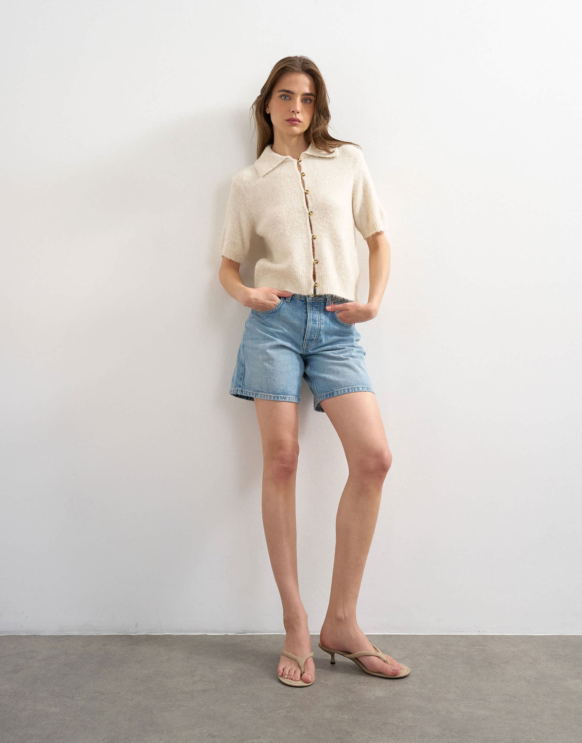 Topshop Knitted half sleeve collared cardigan in ivory