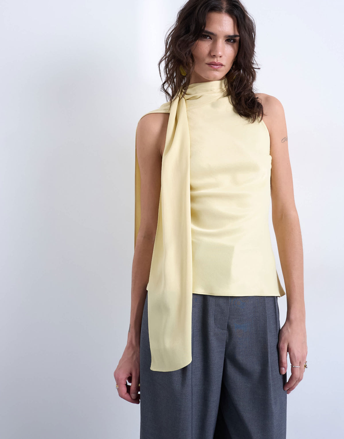 Topshop scarf detail satin top in buttermilk