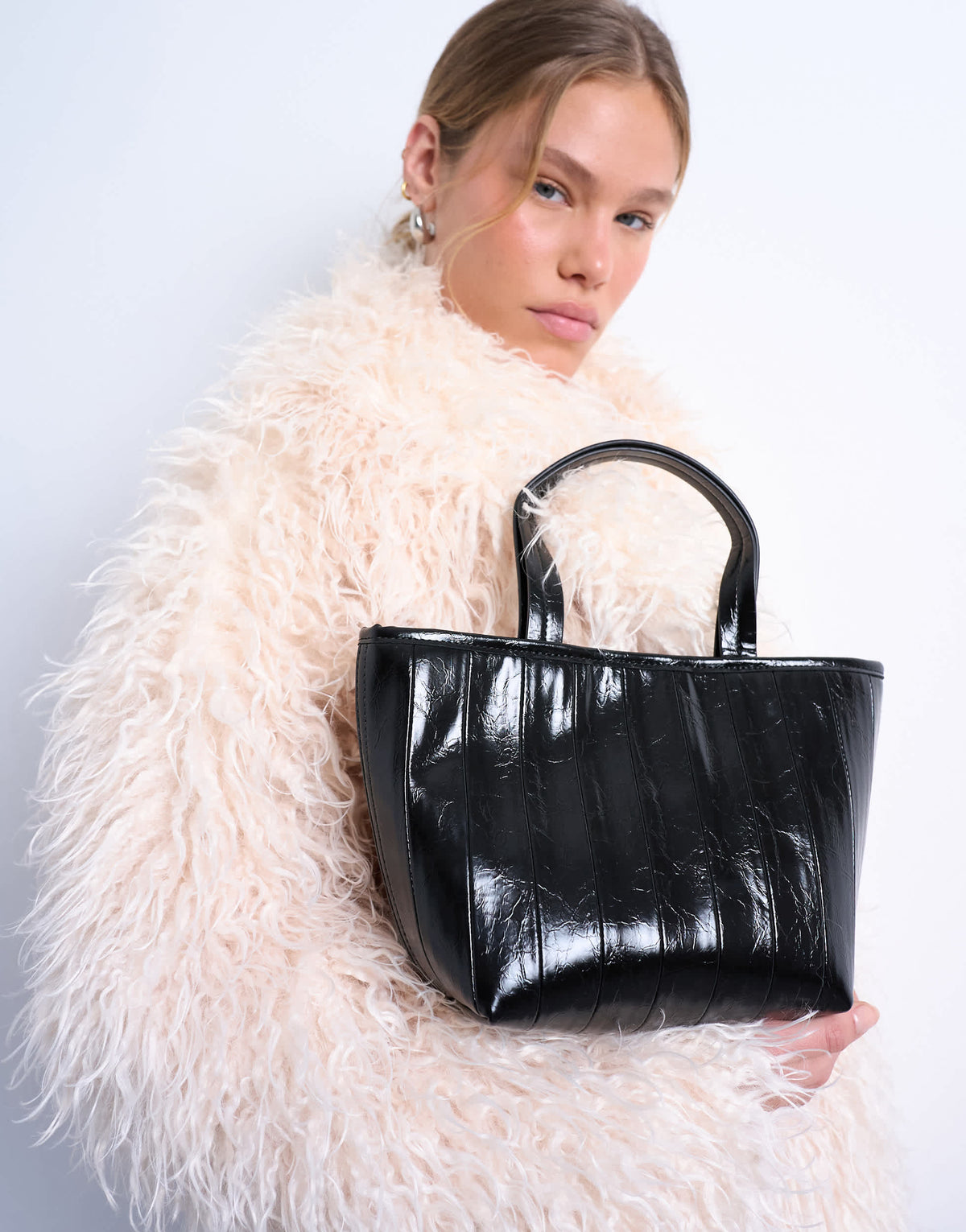 Topshop Gemma medium stripe faux leather grab bag in black
