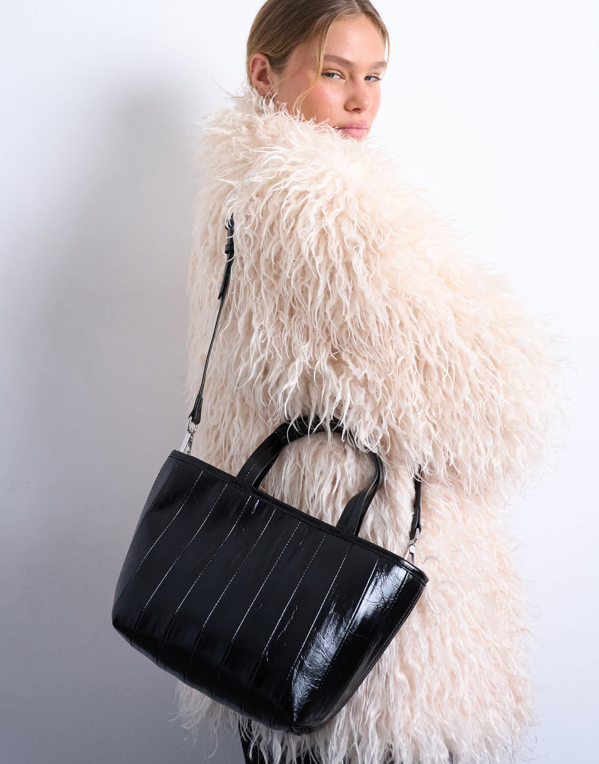 Topshop Gemma medium stripe faux leather grab bag in black