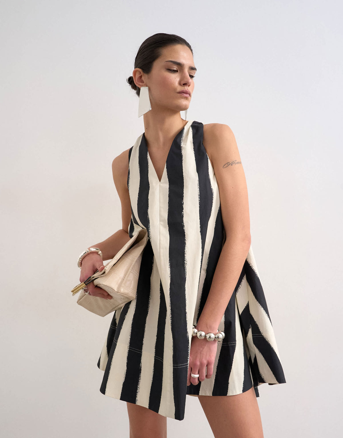 Topshop halter deep hem mini trapeze dress in mono stripe