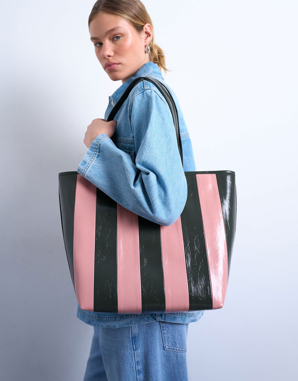 Topshop Stevie large striped faux leather tote bag in pink & khaki