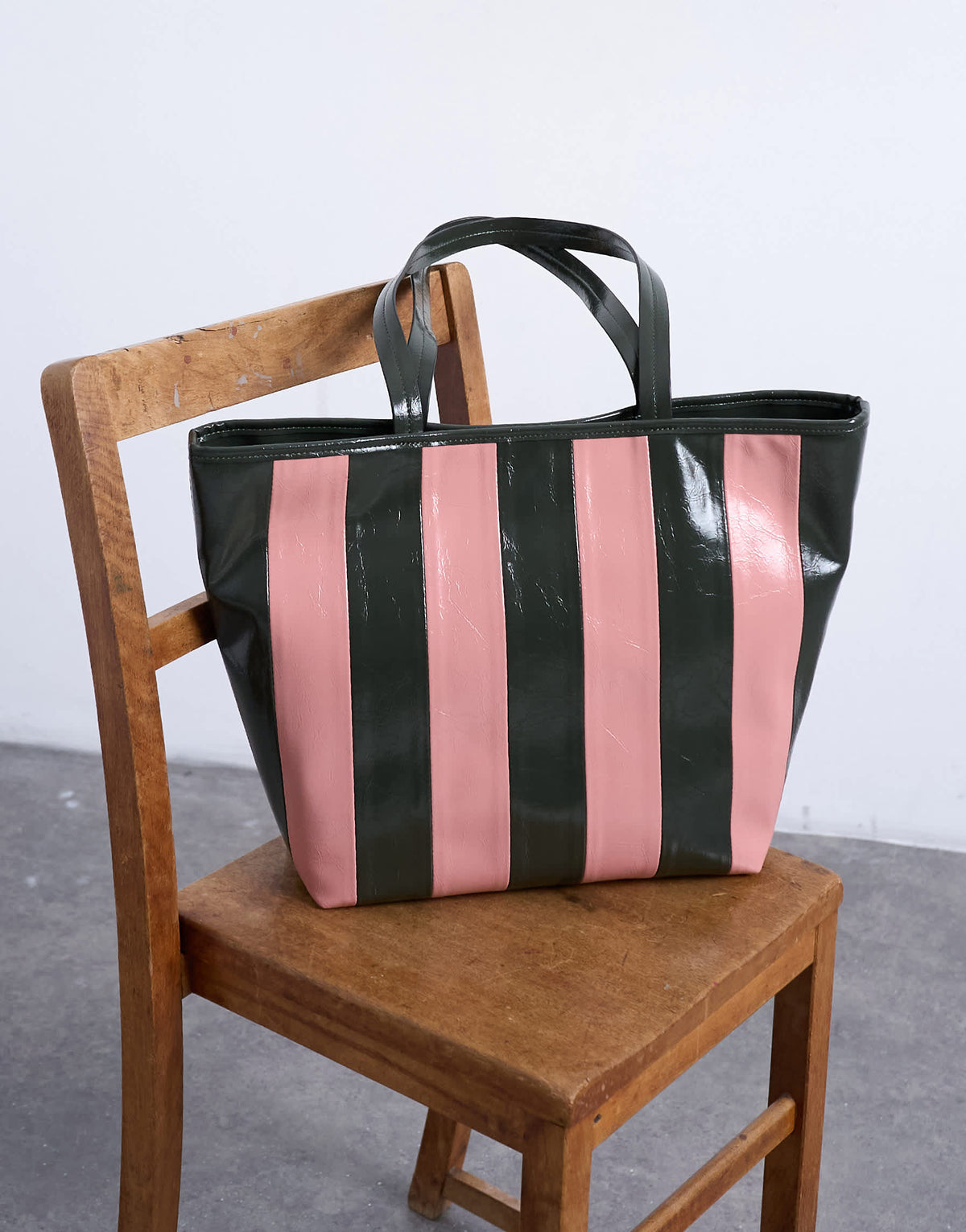 Topshop Stevie large striped faux leather tote bag in pink & khaki