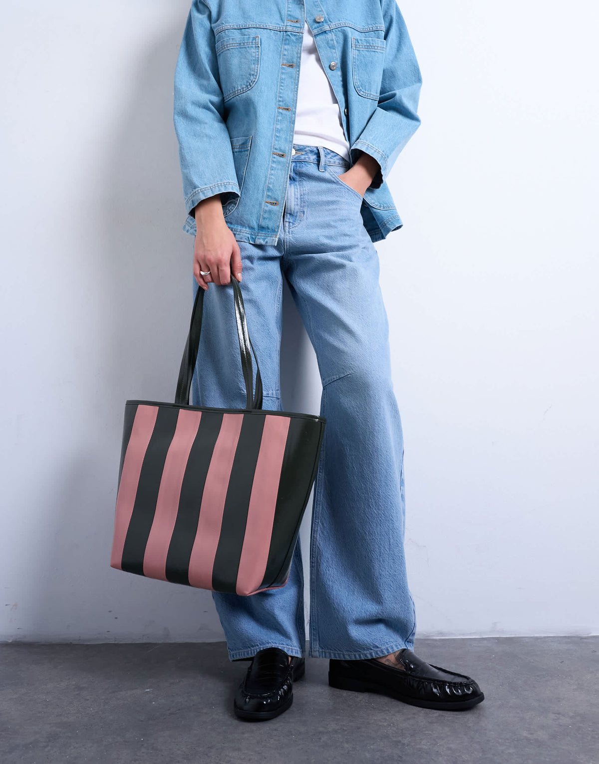 Topshop Stevie large striped faux leather tote bag in pink & khaki
