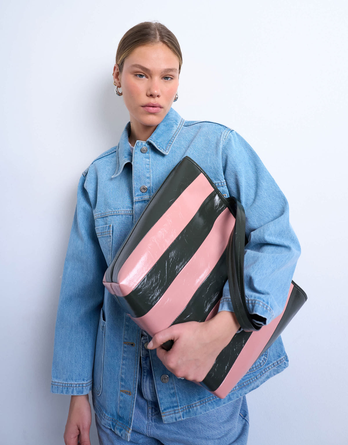 Topshop Stevie large striped faux leather tote bag in pink & khaki