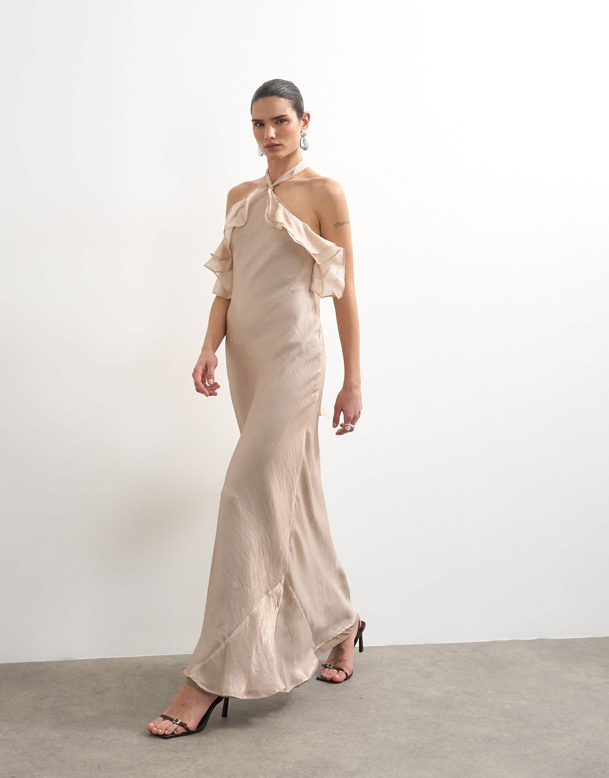 Topshop frill halter neck maxi dress in iridescent mink