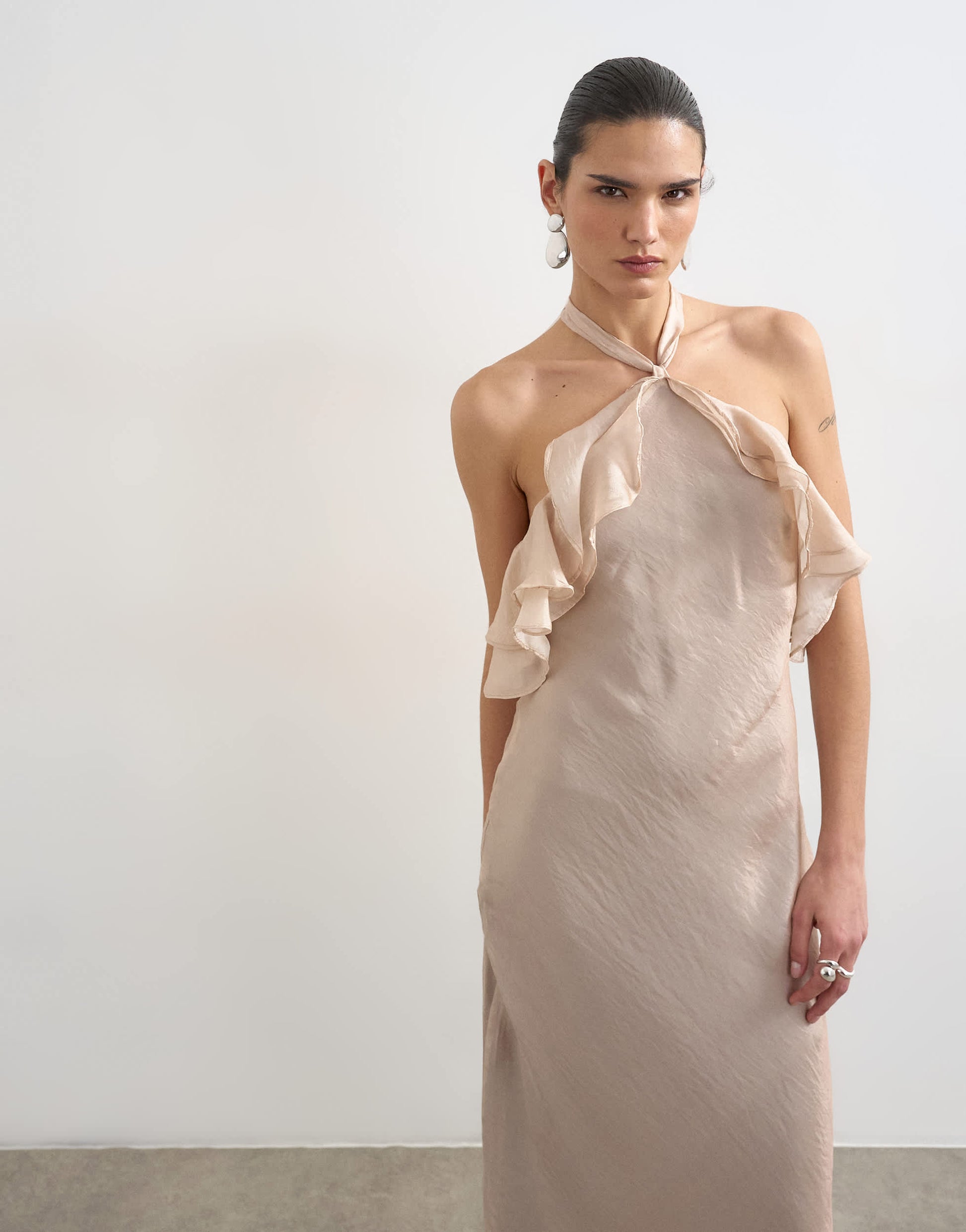 Topshop frill halter neck maxi dress in iridescent mink