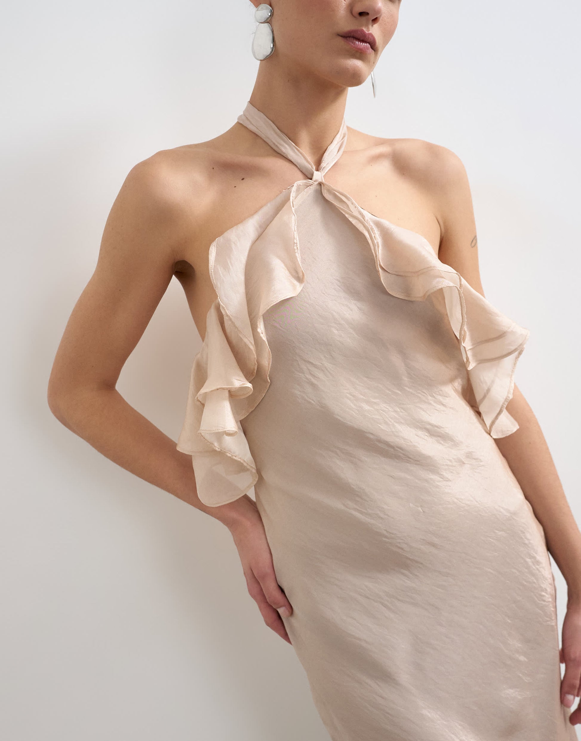 Topshop frill halter neck maxi dress in iridescent mink